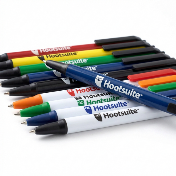 A row of Carnival Xpress pens by PensXpress is arranged diagonally on a white surface, each with vibrant caps in black, red, green, blue, and orange—perfect for brand promotion.