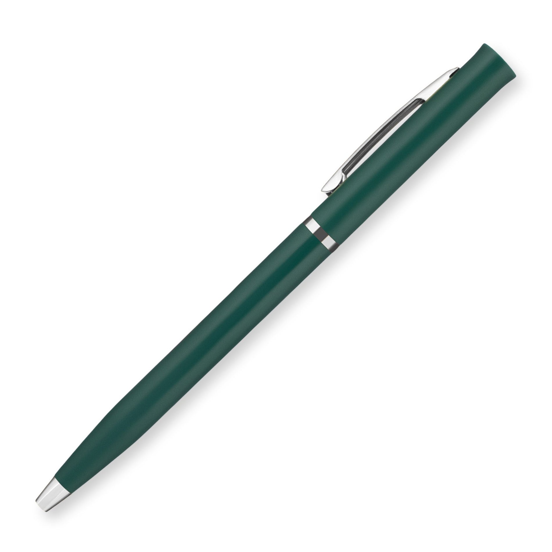 The Silver Classic Matte Twist is a dark green personalized pen with silver clip and accents, angled diagonally on a white background—ideal for wedding favors or elegant promotional gifts.