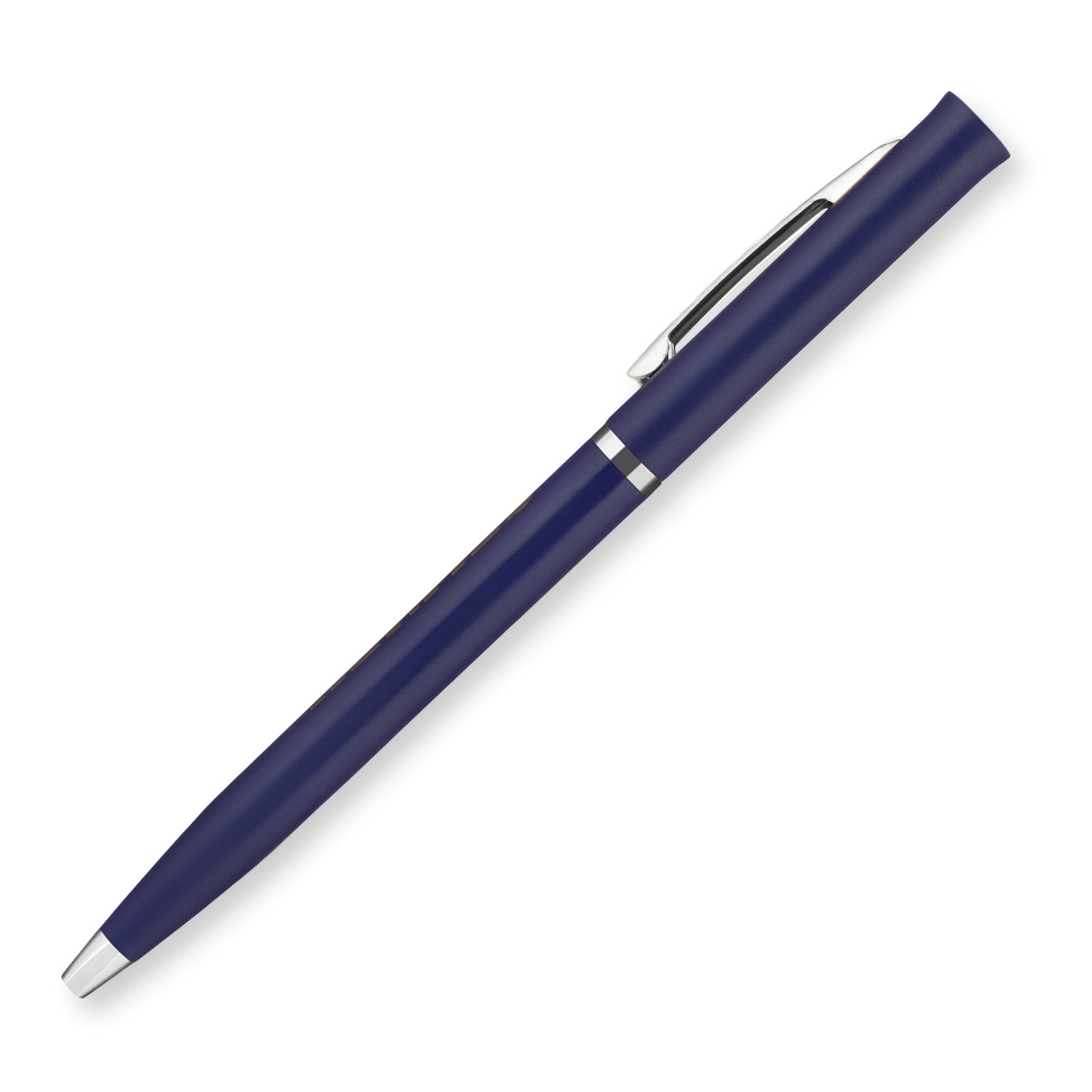The Silver Classic Matte Twist is a dark blue ballpoint pen with silver accents and a clip, positioned diagonally on a white background—ideal for personalized gifts or elegant wedding favors.