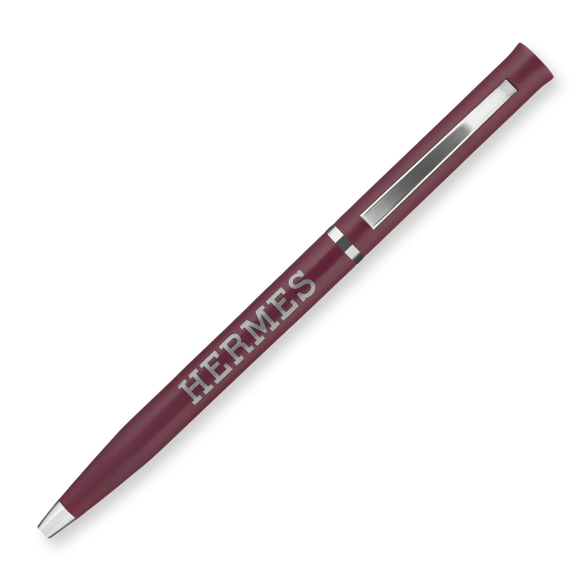 A Silver Classic Matte Twist burgundy promotional pen with a silver clip and "HERMES" printed in white on the barrel, displayed on a white background.