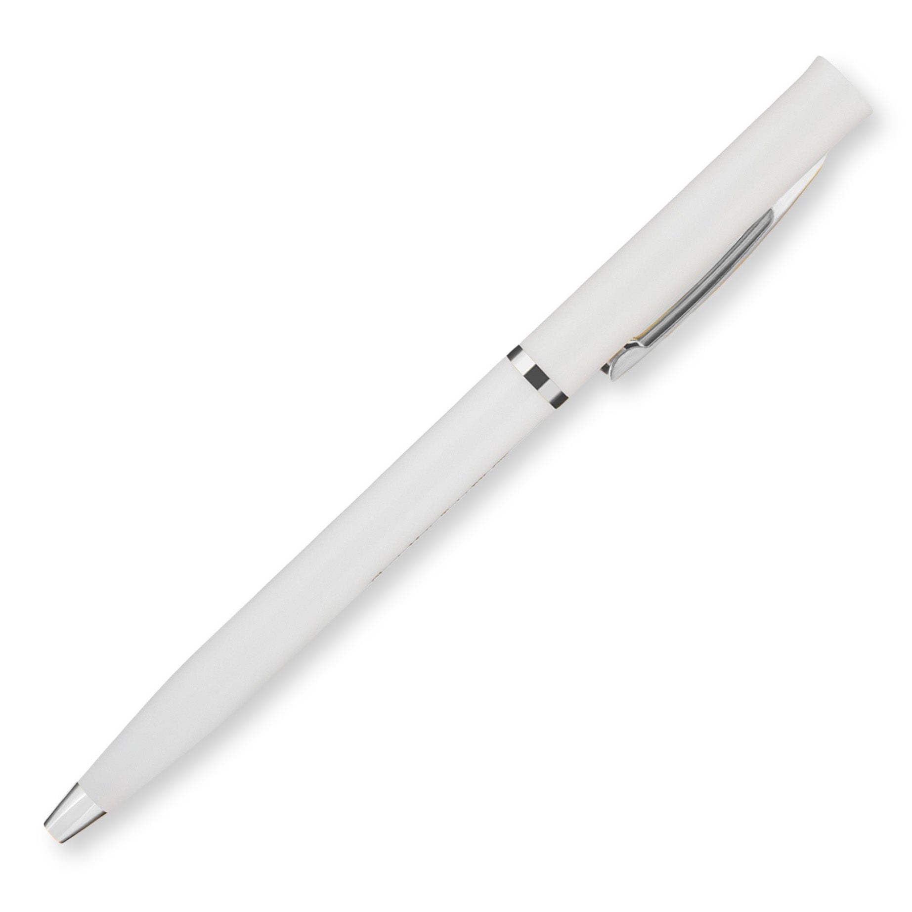The Silver Classic Matte Twist is a white ballpoint pen with silver accents and a metal clip, ideal for personalization or as an elegant wedding favor, shown against a plain white background.