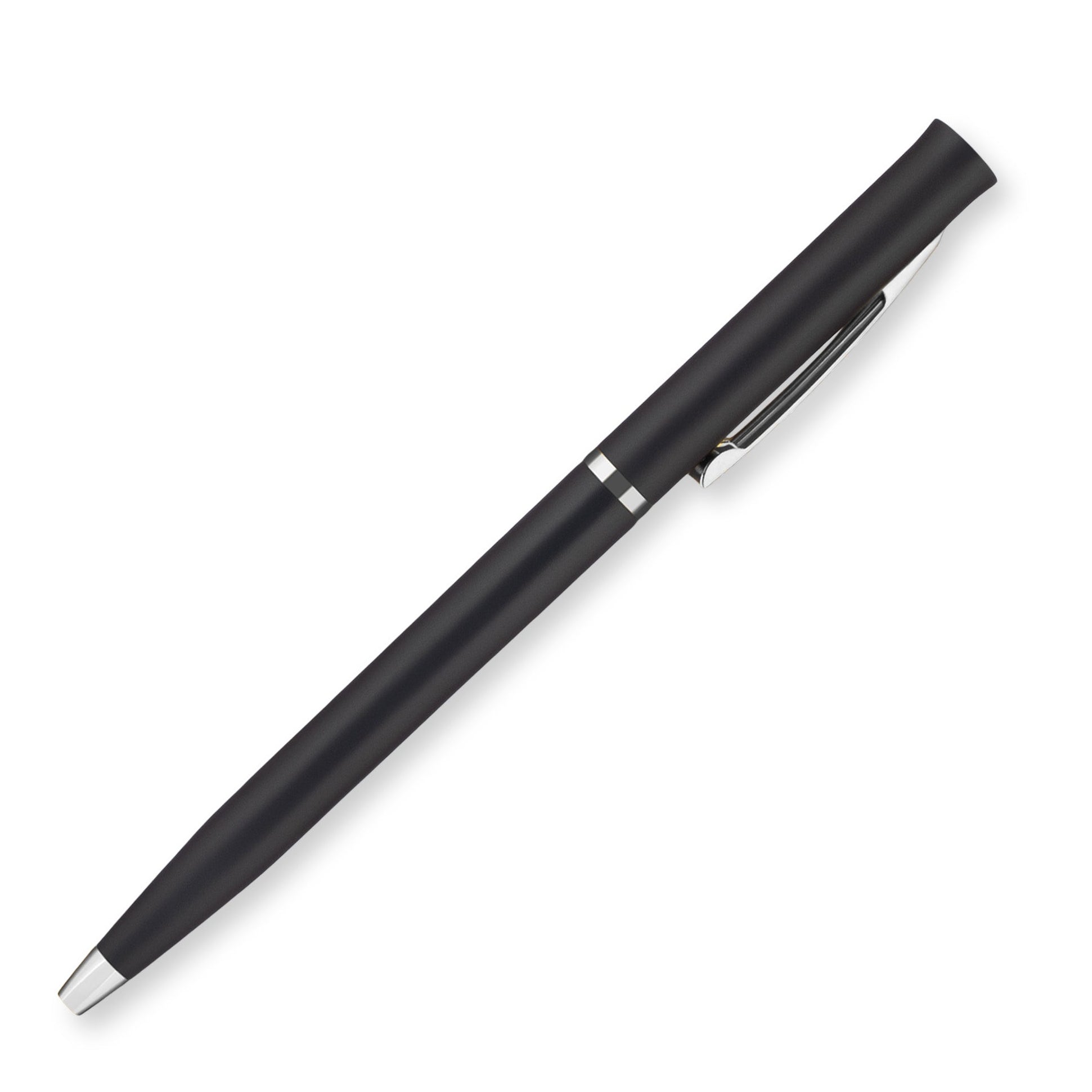 The Silver Classic Matte Twist is a black promotional pen with a silver tip and a metal clip on the cap, displayed diagonally on a white background.