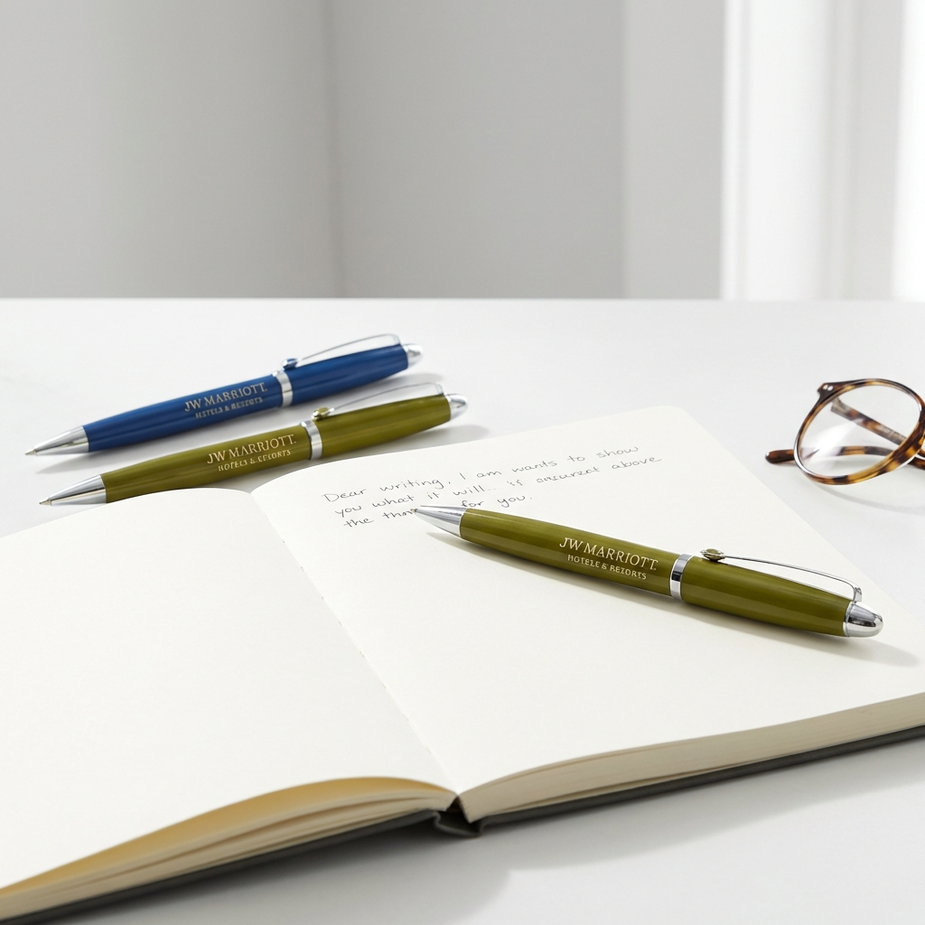 An open notebook, a pair of eyeglasses, and three customizable Xpress Ally pens by PensXpress (two green, one blue) rest on a white table illuminated by soft natural light.