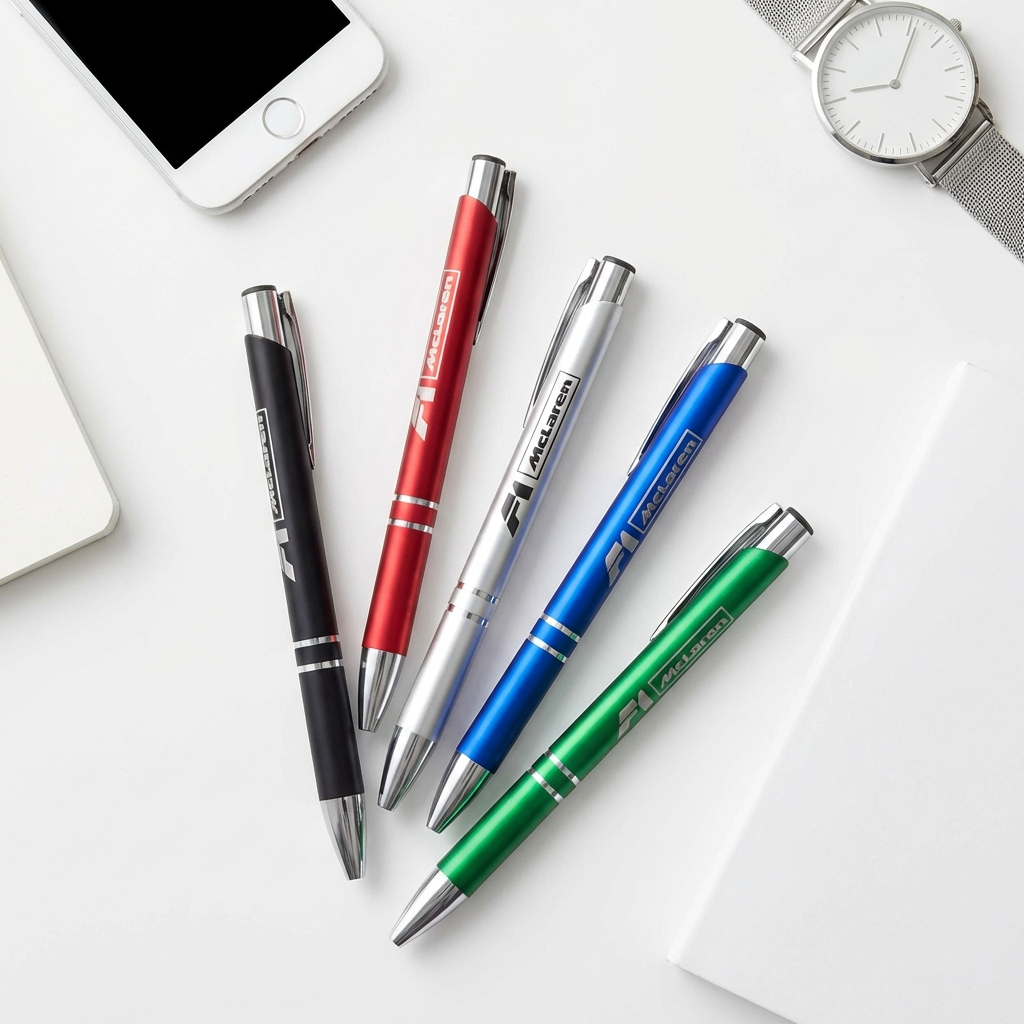 Five colorful pens on a white surface with a phone, watch, and notebook.