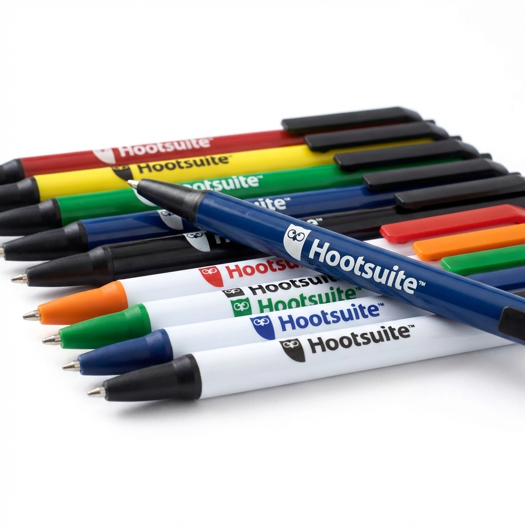 Set of colorful Hootsuite branded pens on a white background