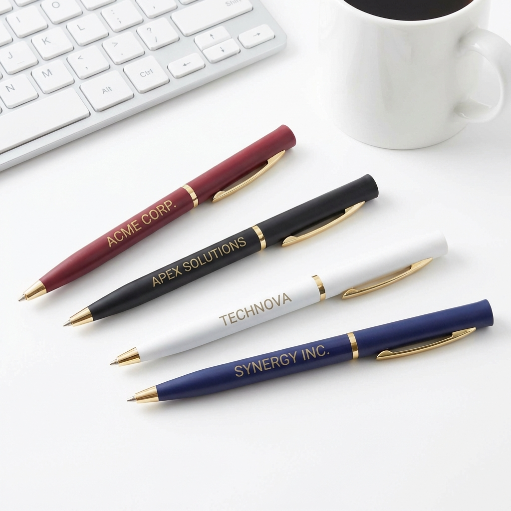 Four branded pens on a desk with a keyboard and coffee cup in the background