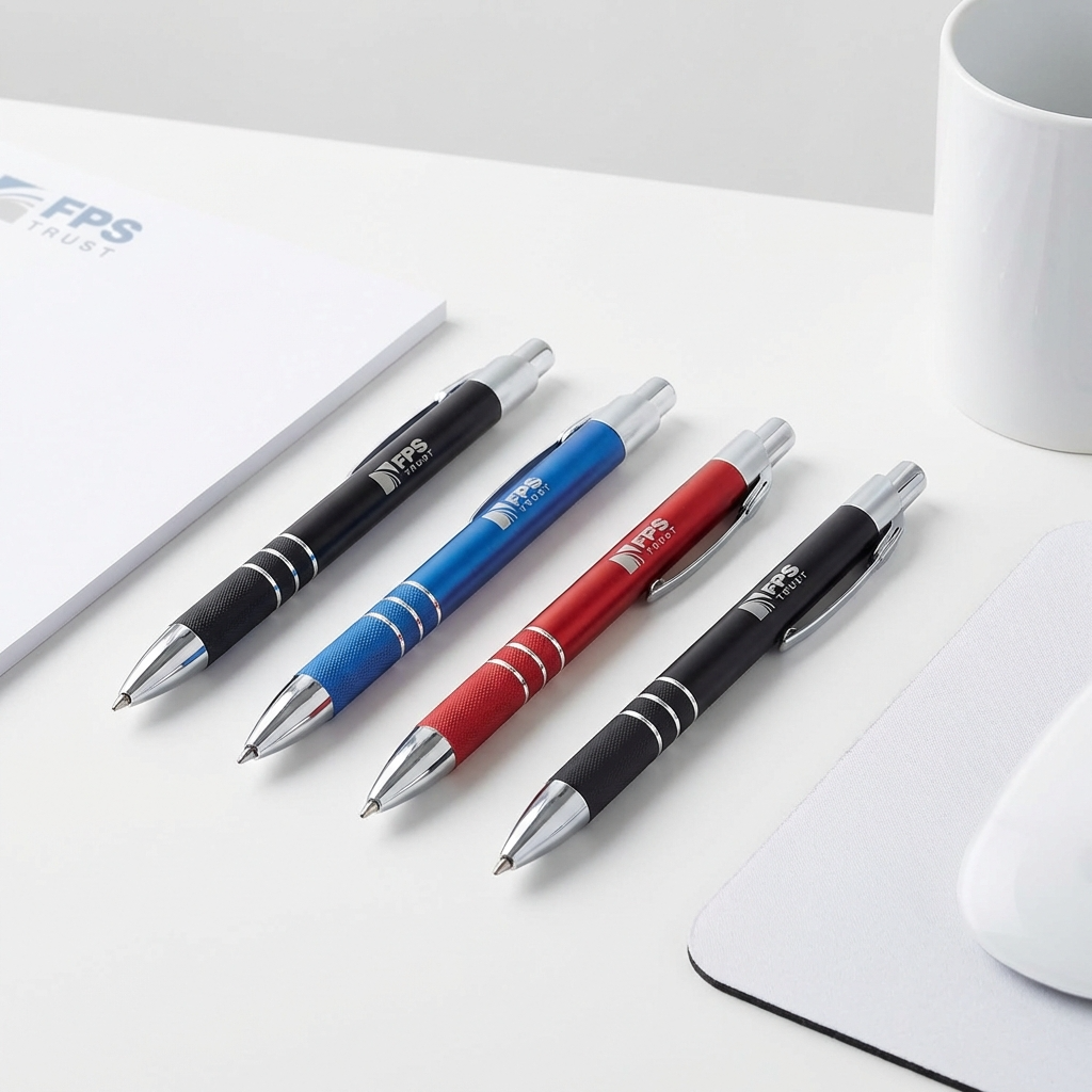 Four pens in black, blue, red, and silver on a white surface with a notebook and mug in the background.