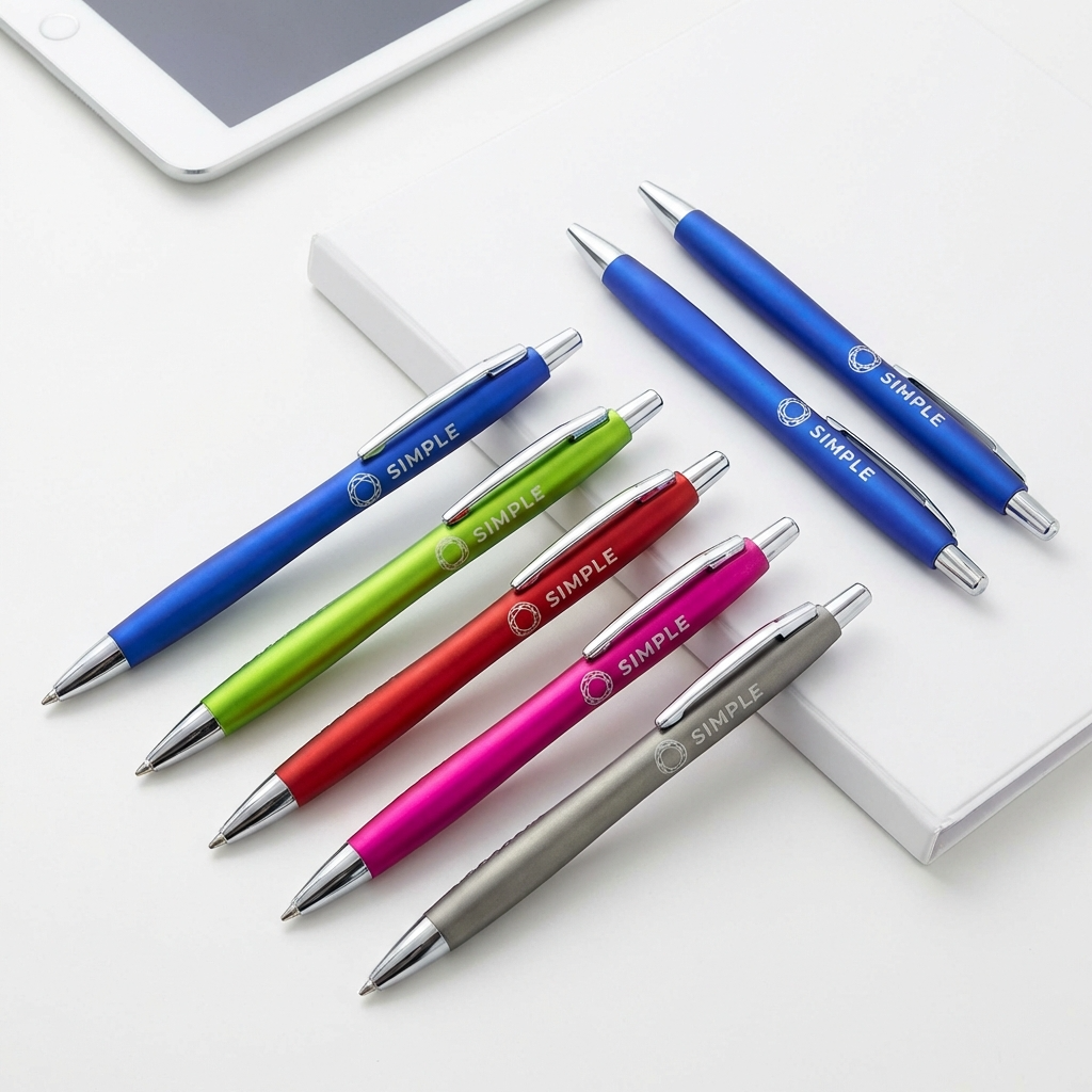 Seven colorful Xpress Evans retractable pens by PensXpress (blue, green, red, pink, gray) are displayed on a white surface beside a notebook and tablet—ideal custom logo pens to promote your brand.