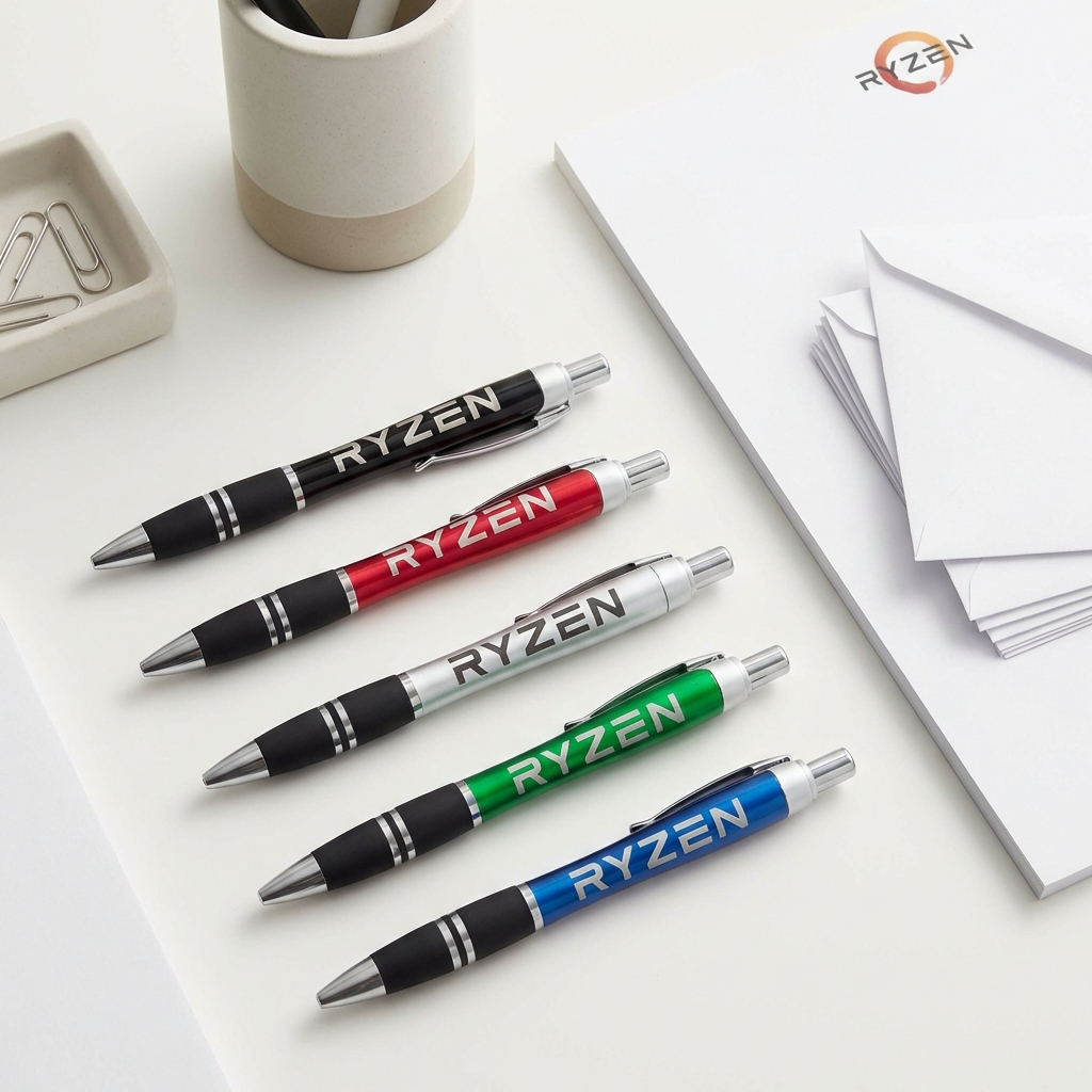 Five Xpress Exodus pens by PensXpress in black, red, silver, green, and blue are arranged diagonally on a white desk with paper clips, a pen holder, envelopes, and a notepad showing the PensXpress logo.