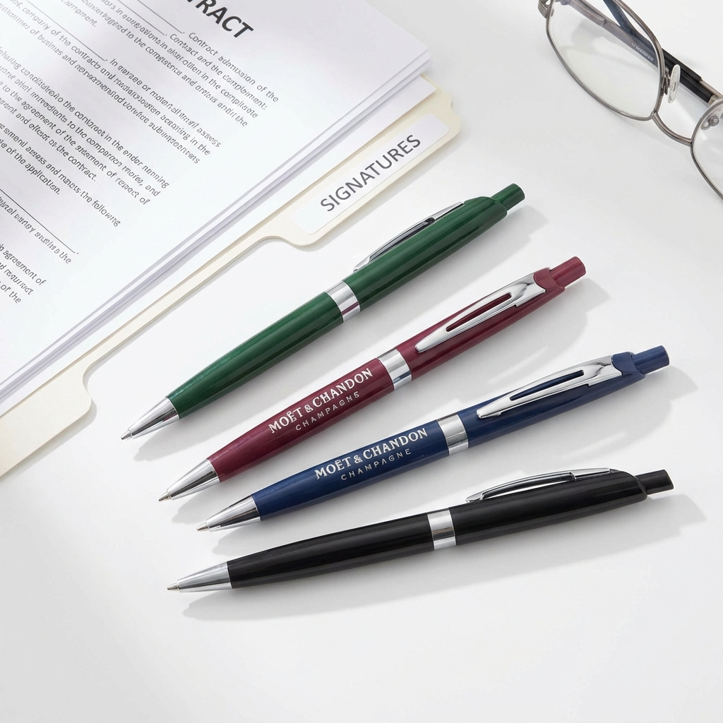 Four Galileo Xpress pens by PensXpress in green, red, blue, and black—customizable branded pens—are arranged beside a CONTRACT file folder and eyeglasses on a white surface.