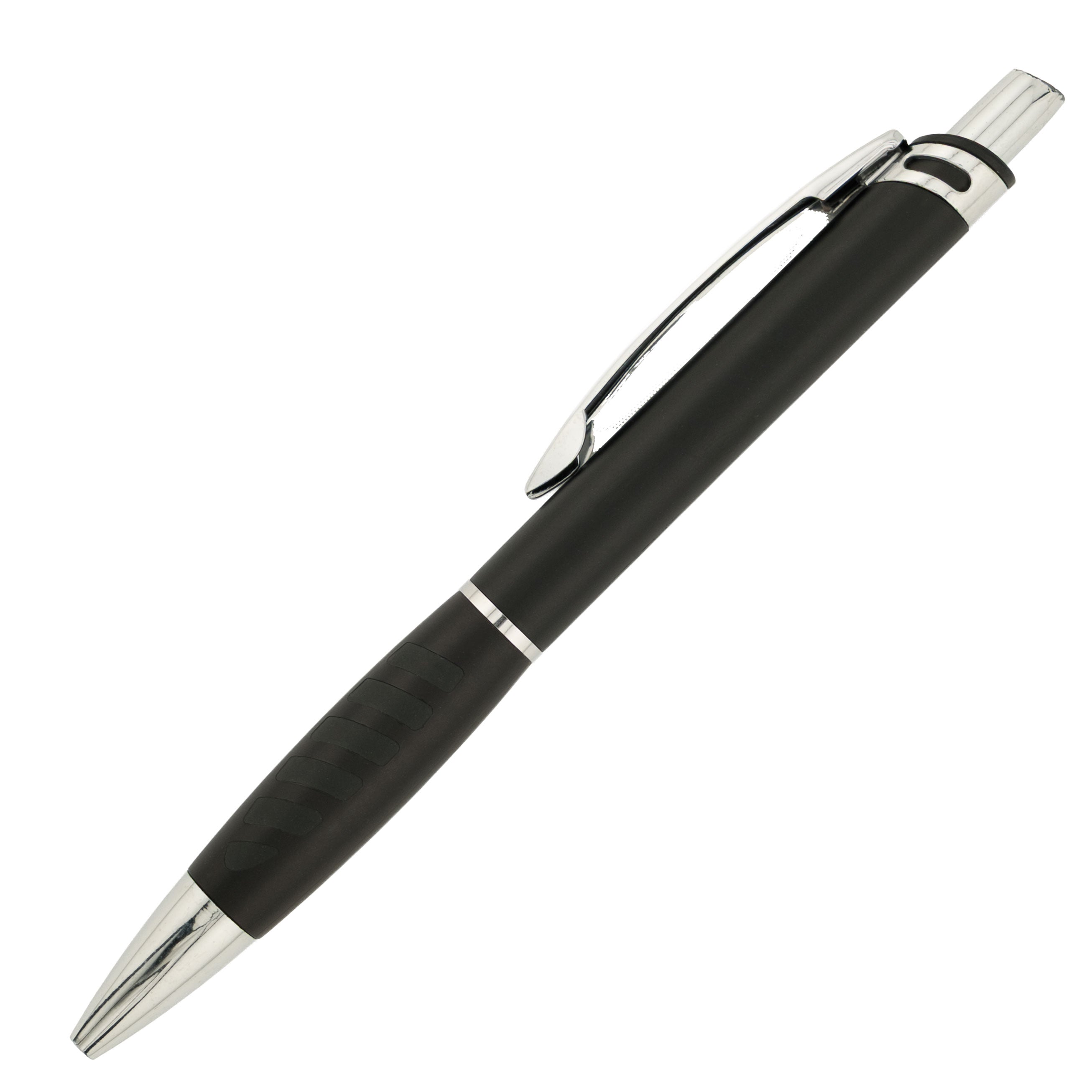 Black pen with silver accents on a white background