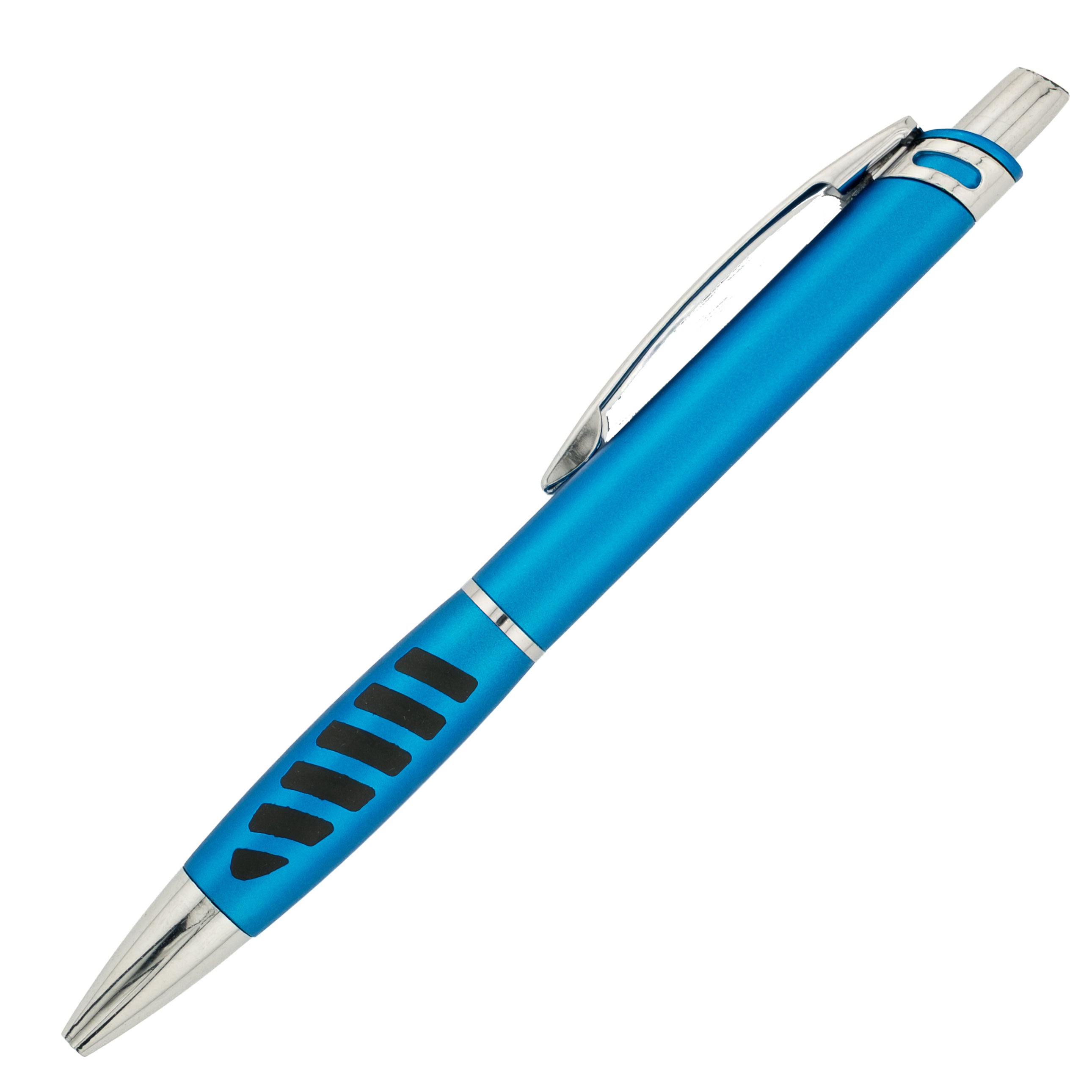 Blue pen with a metallic finish on a white background
