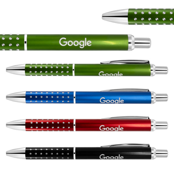 Five Xpress Madone ballpoint pens by PensXpress in green, blue, red, and black, each with silver accents and "Google" laser engraved on the barrel. The green pen appears twice at different angles.
