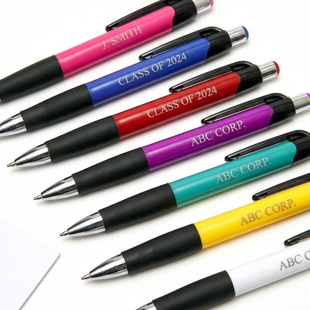 Colorful pens with personalized text on a white background