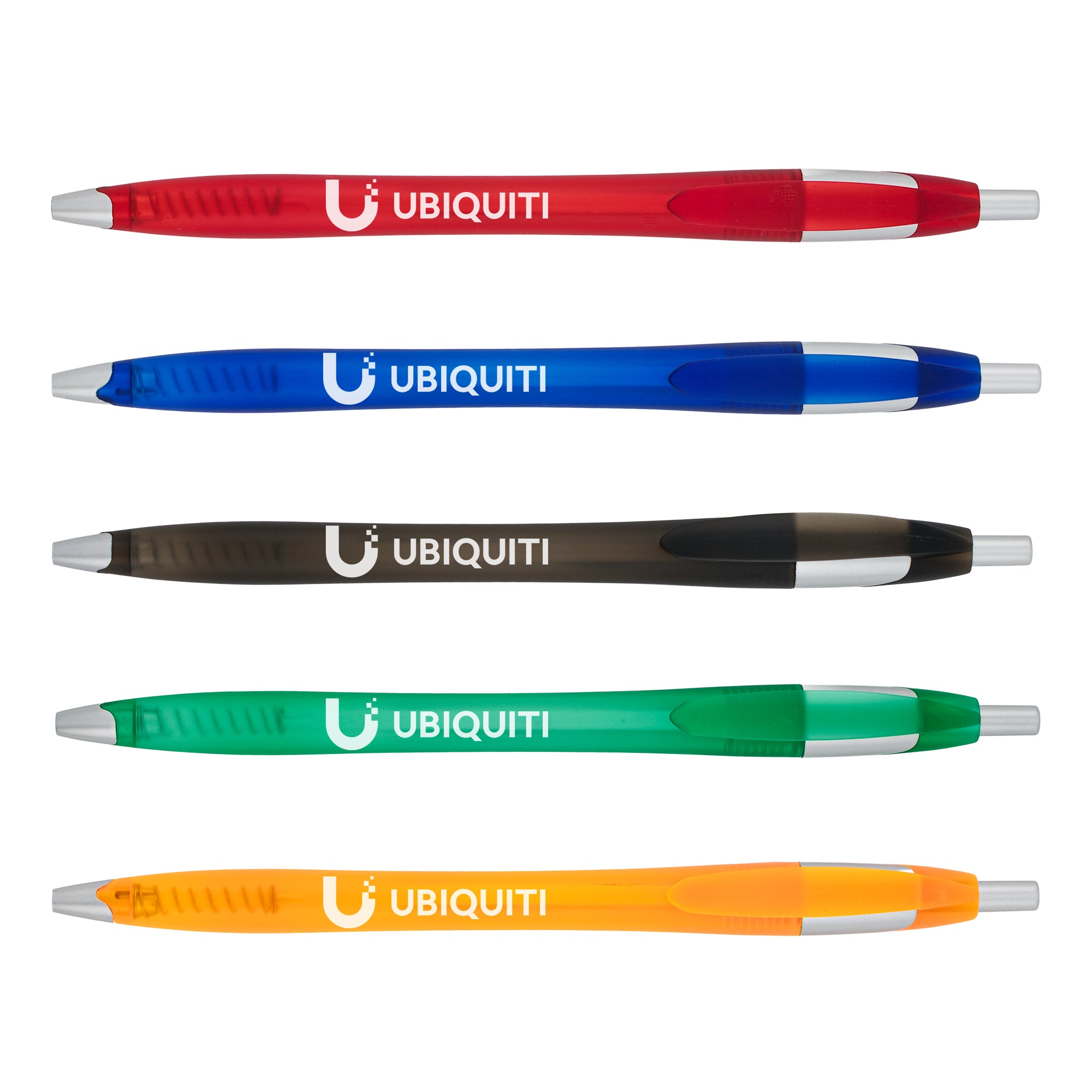 Five Xpress Noah Frosted retractable matte pens from PensXpress in red, blue, black, green, and orange display the UBIQUITI logo and white text along the barrel—affordable promo pens shown horizontally on a white background.