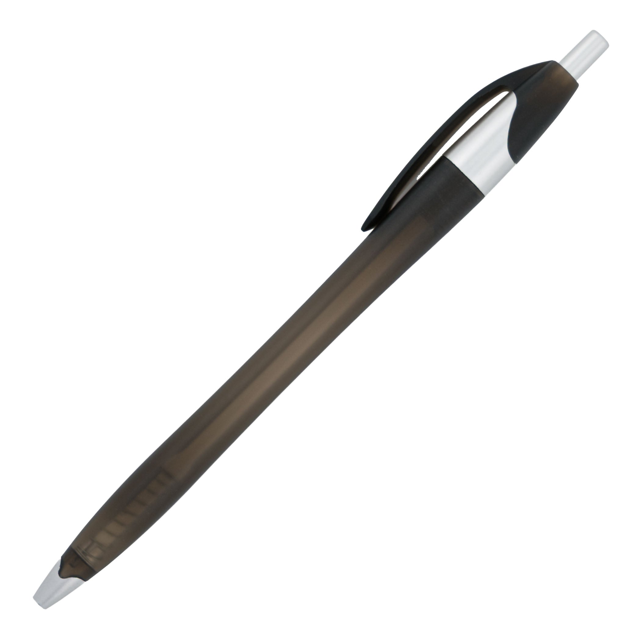 The PensXpress Xpress Noah Frosted is a black retractable ballpoint pen with a transparent casing, silver clip, and black grip—an affordable choice for promotional pen campaigns.