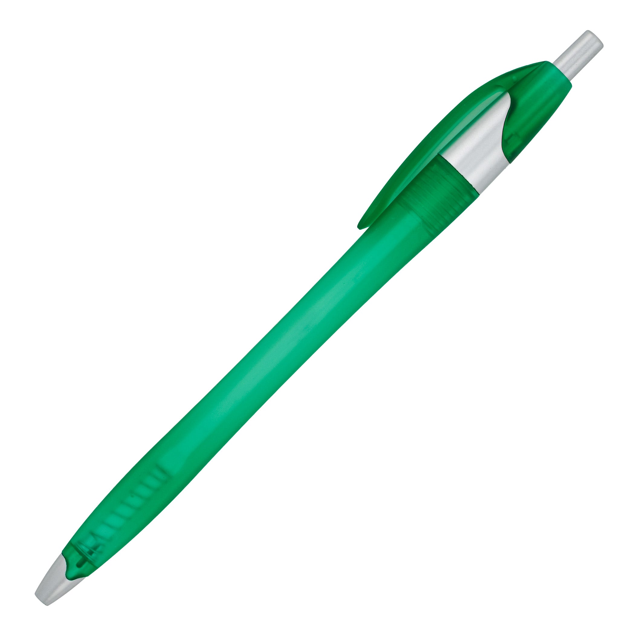 The PensXpress Xpress Noah Frosted is an affordable green plastic retractable ballpoint pen with a transparent barrel, silver clip, and green rubber grip—perfect for promotions and daily use. Displayed on a white background.