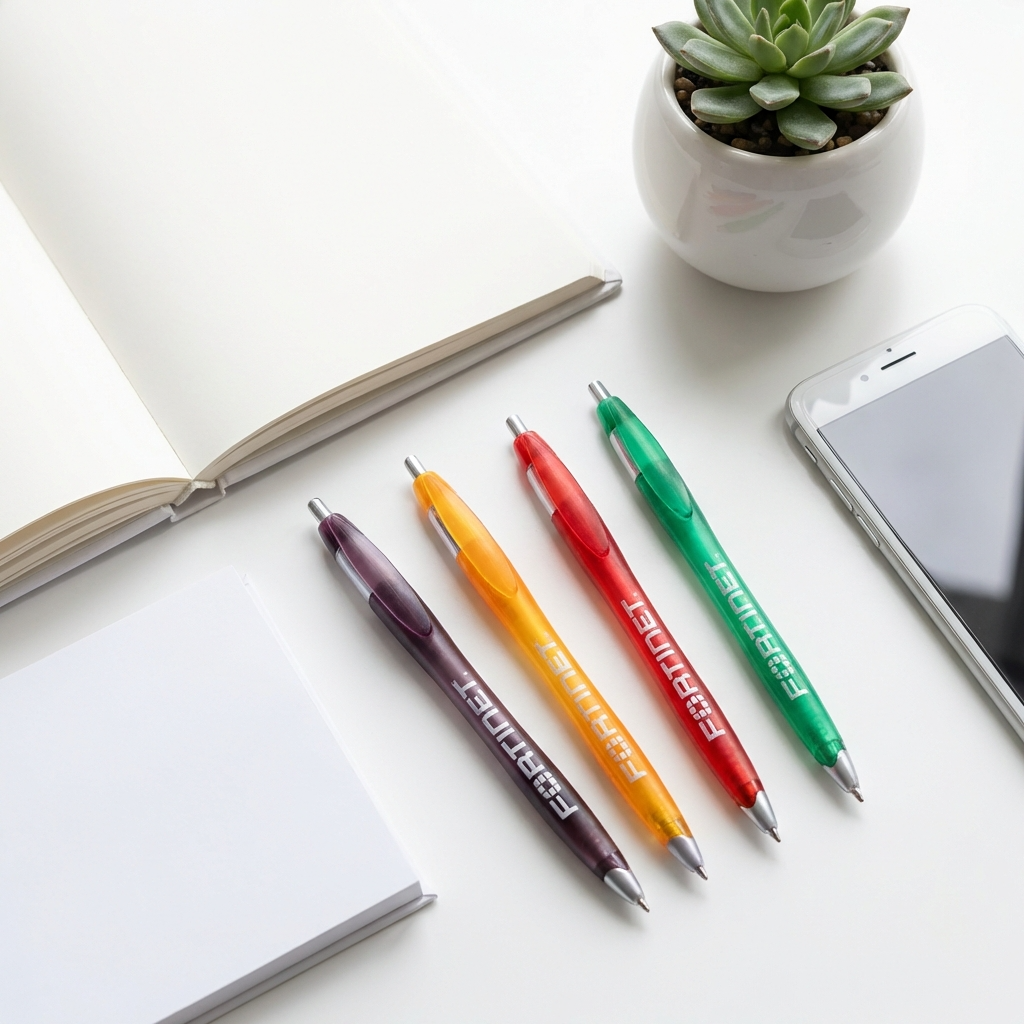 Four colored pens on a desk with a plant, phone, and notebook.