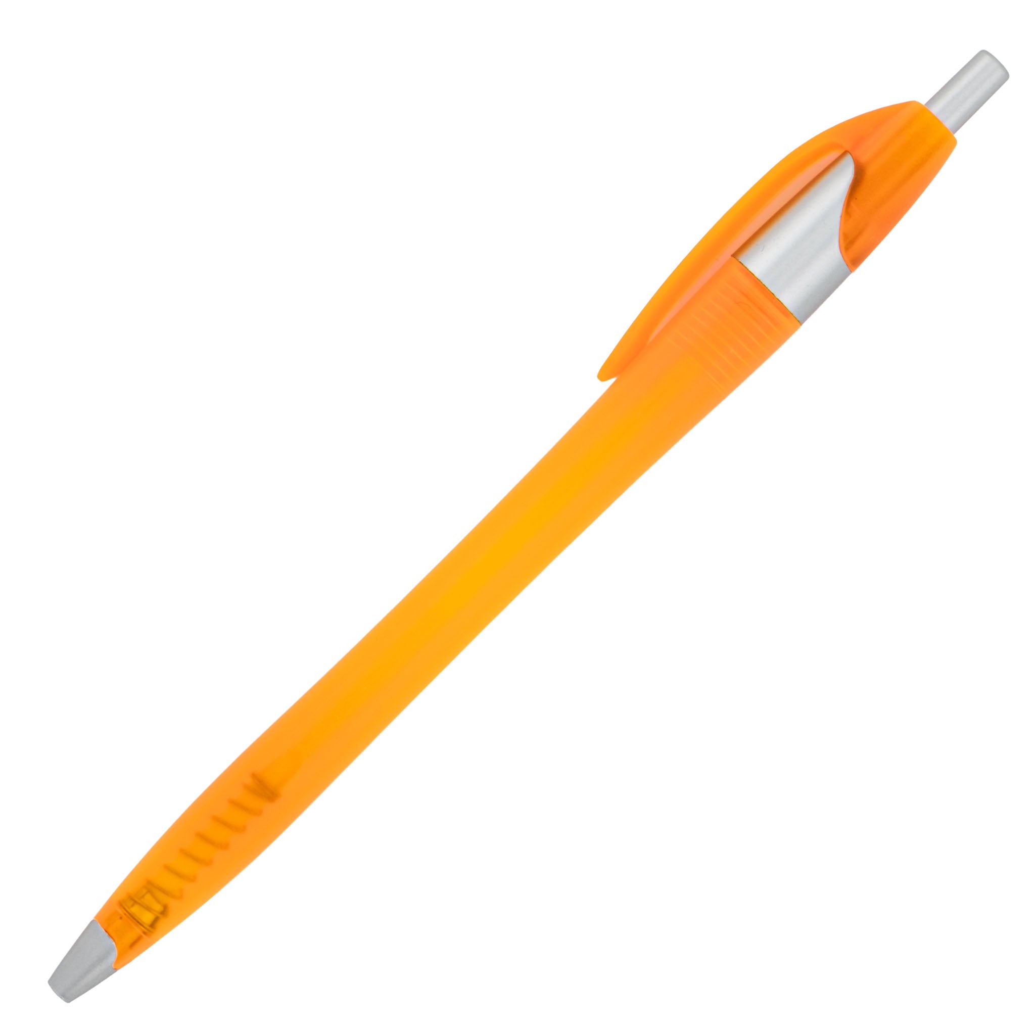 The Xpress Noah Frosted by PensXpress is an affordable retractable pen with an orange matte finish, silver clip and tip—ideal as a stylish promotional pen on a white background.