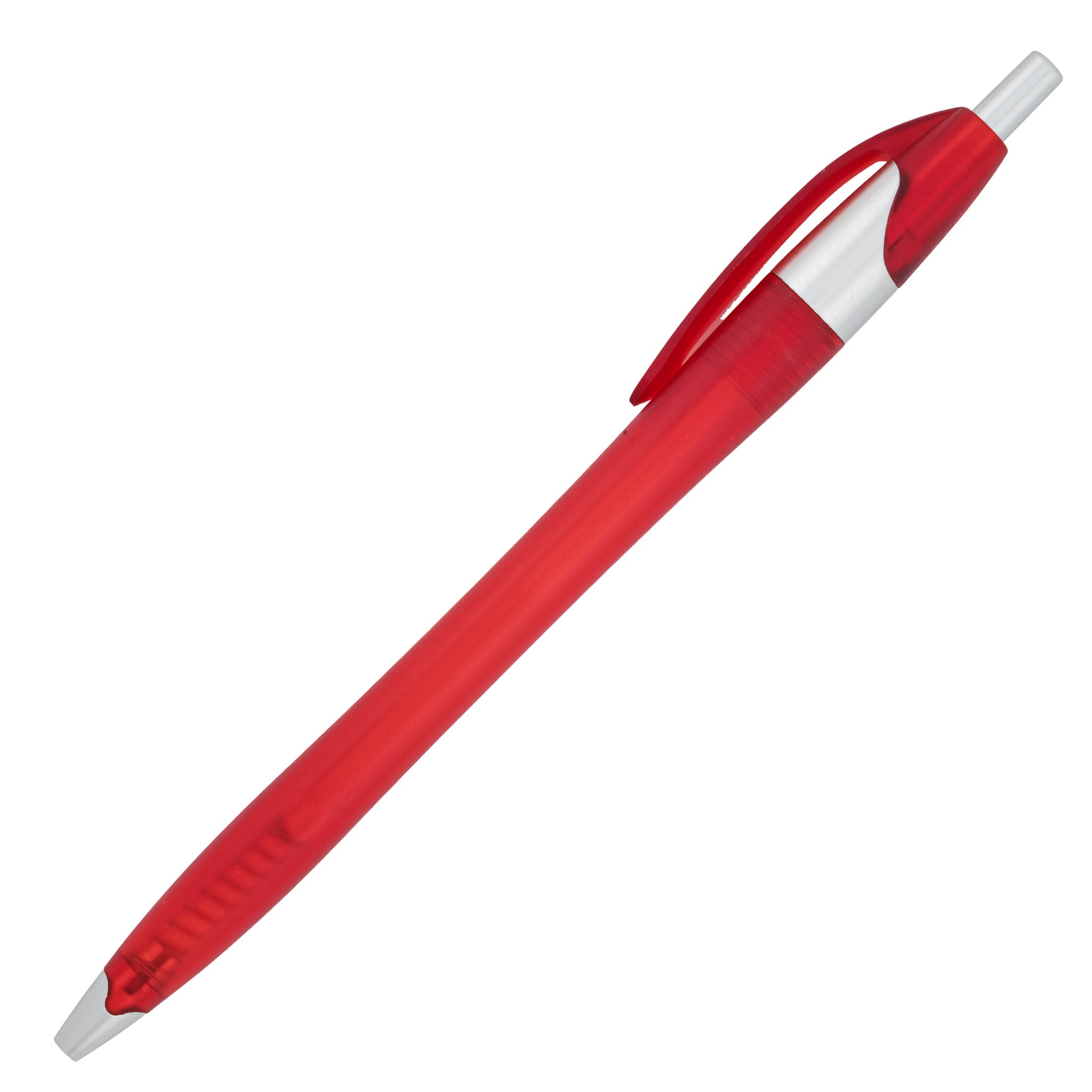 The Xpress Noah Frosted by PensXpress is a red retractable ballpoint pen with a translucent barrel, silver clip, and white push button, shown on a white background.
