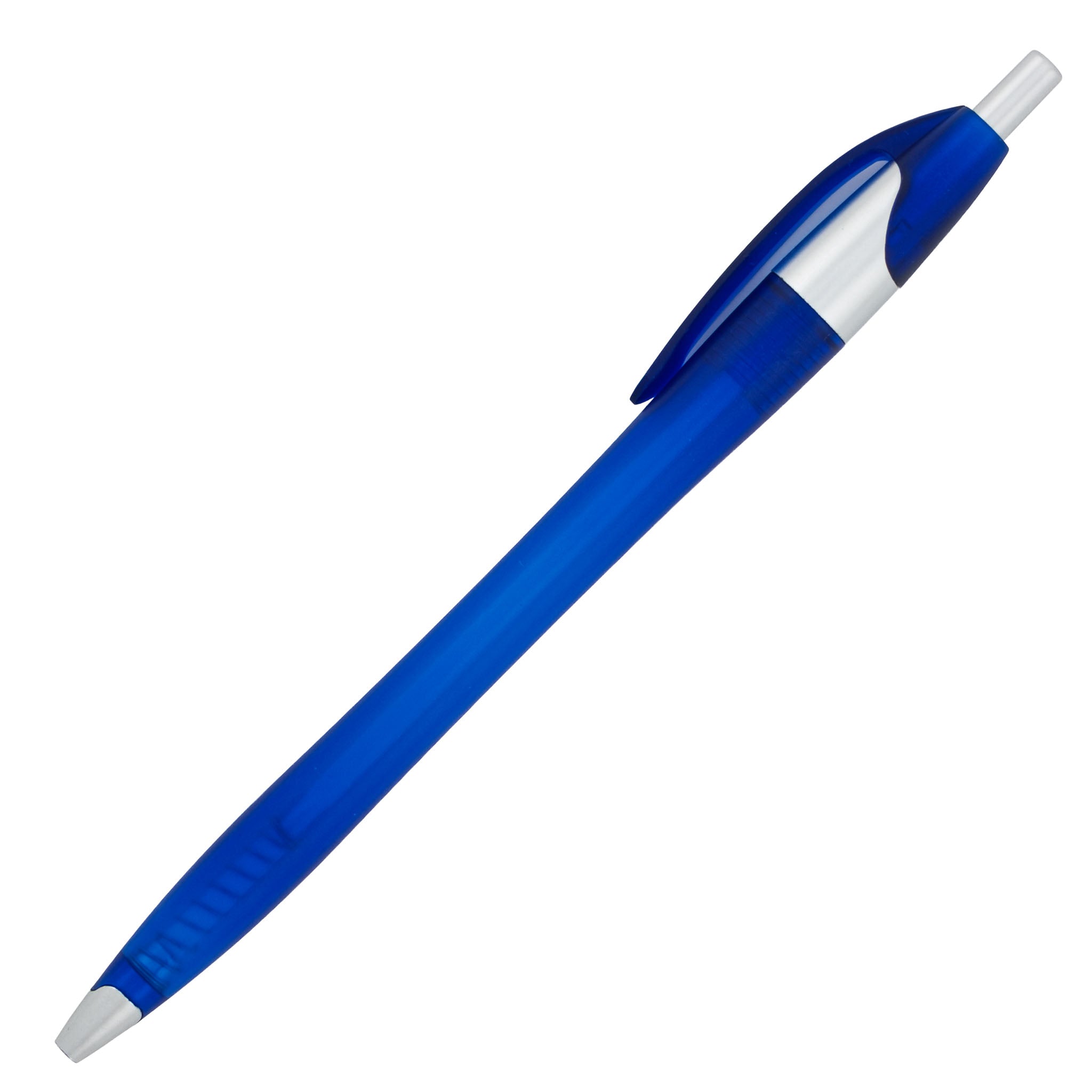 The PensXpress Xpress Noah Frosted, a blue matte pen with a white clicker and silver clip, is shown on a white background—an affordable choice for daily use or as promotional pens.