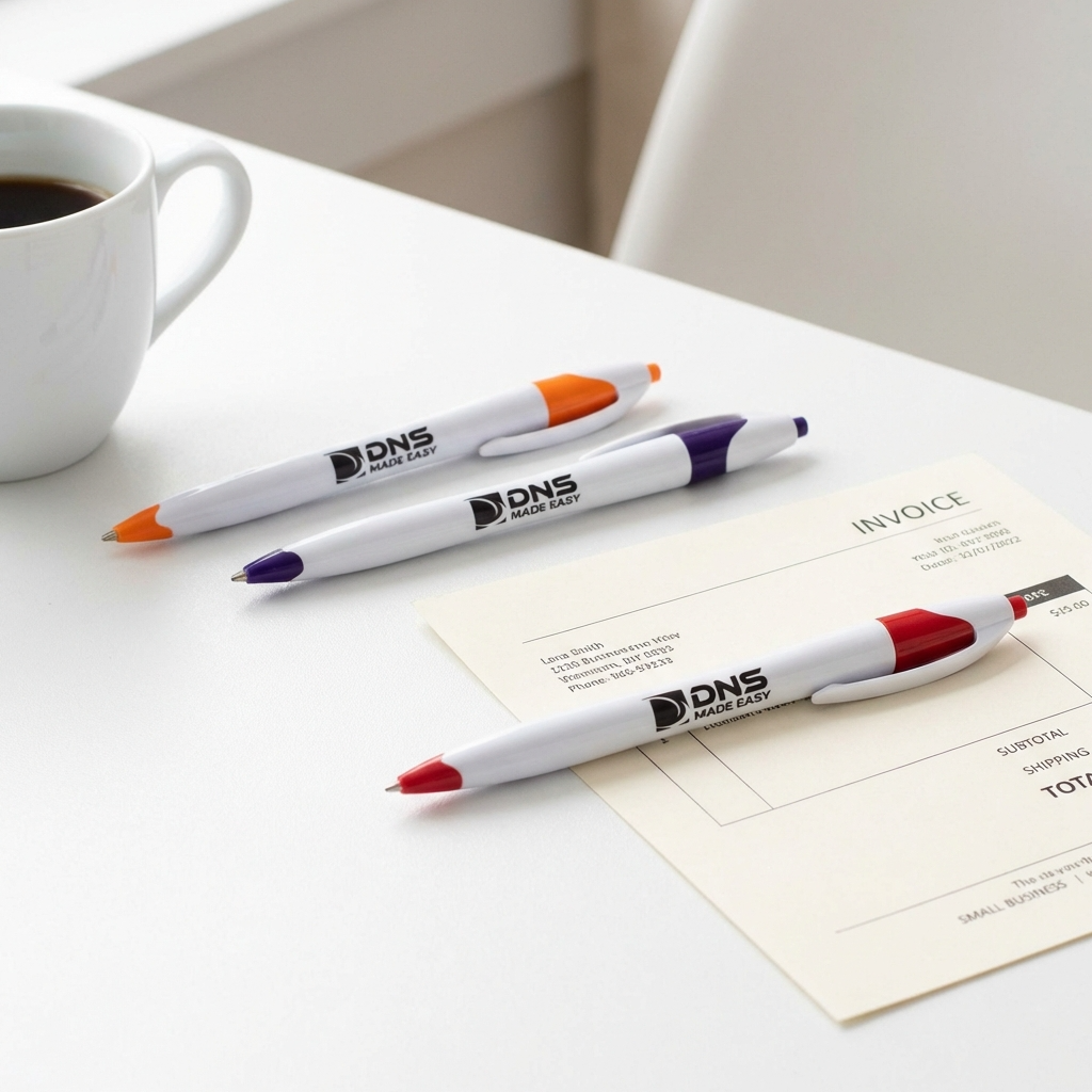 Three promotional pens with colored tips on a desk next to a coffee cup and document.