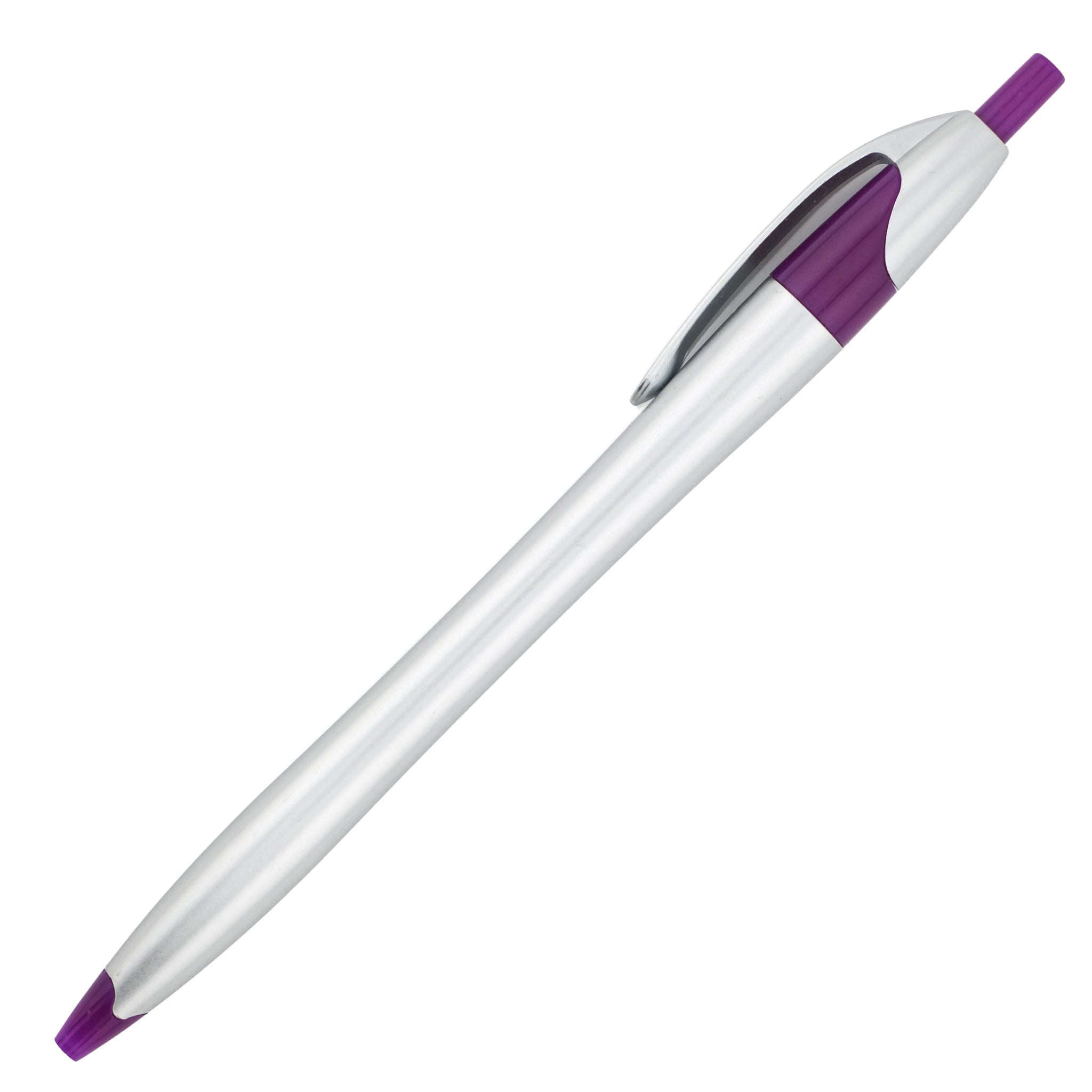A PensXpress Xpress Noah Silver retractable pen with a white body and purple clip, grip, and clicker is shown against a plain white background.