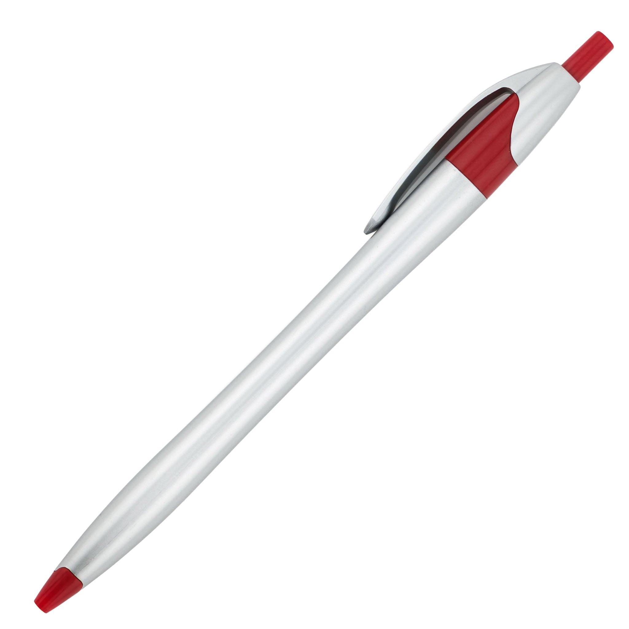 The PensXpress Xpress Noah Silver pen, featuring a silver body with red accents on the tip, clip, and clicker, is shown on a white background.