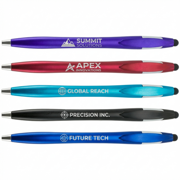 Five colorful PensXpress Xpress Noah Stylus pens with matte finishes and unique company logos—Summit Solutions (purple), Apex Innovations (red), Global Reach (teal), Precision Inc. (black), and Future Tech (blue)—are arranged horizontally.