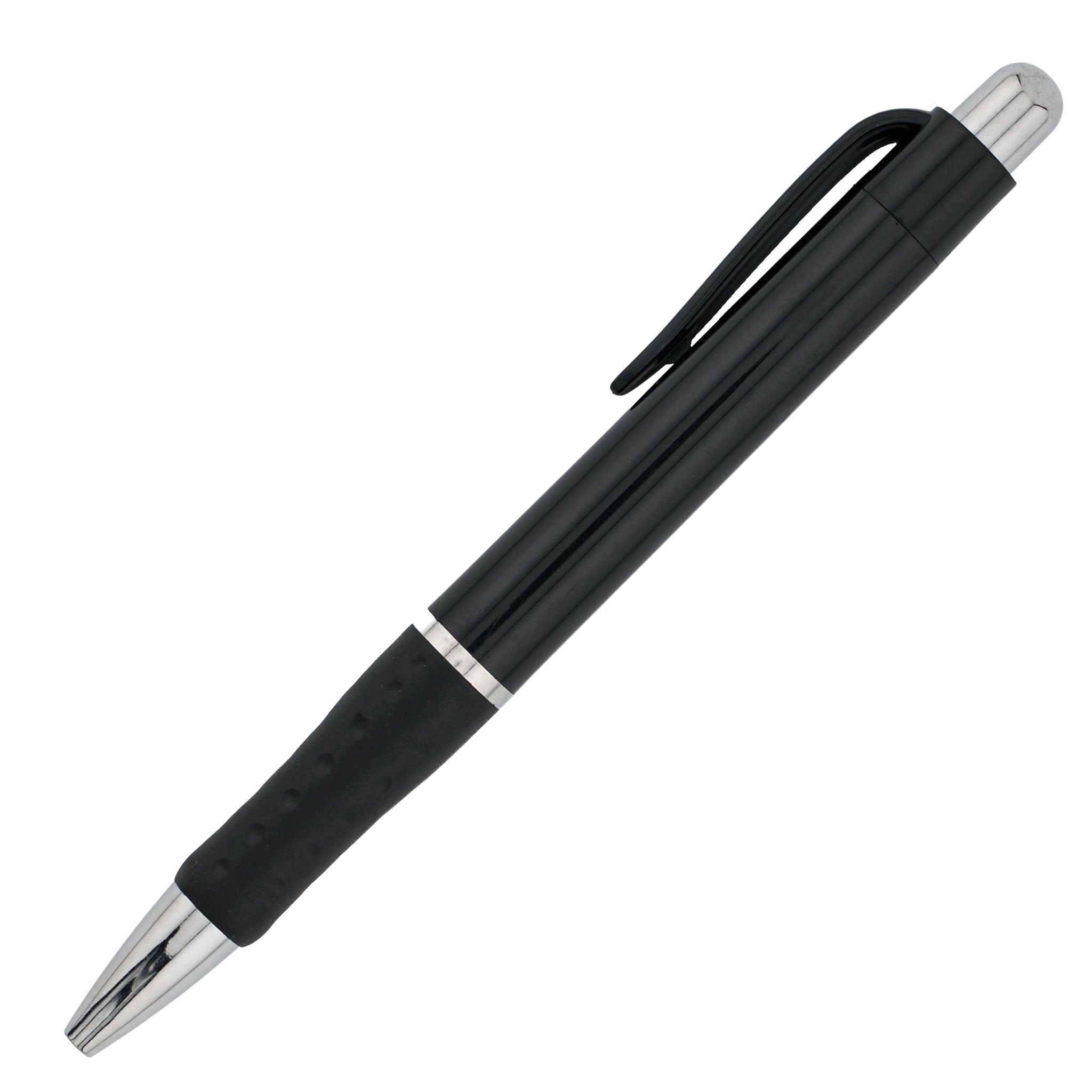 The PensXpress Xpress Odyssey is a black ballpoint pen with a silver tip and end, a black clip, and textured grip—perfect for conference organizers wanting sleek branded pens. The pen appears diagonally on a white background.