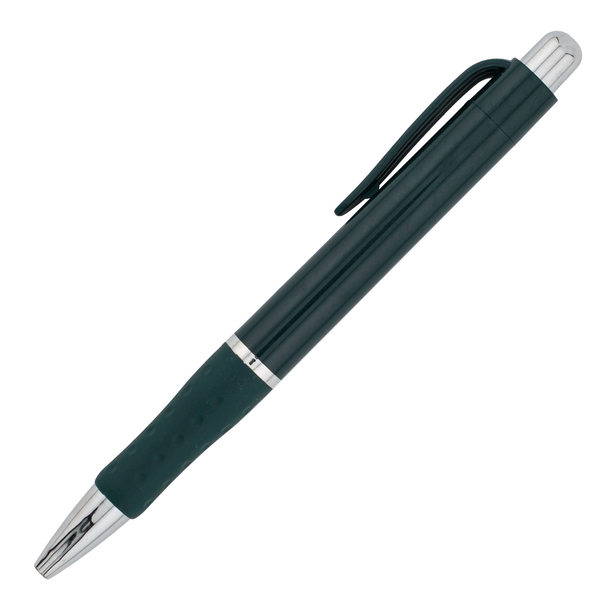 The Xpress Odyssey by PensXpress is a black ballpoint pen with a silver tip, silver top, and black pocket clip—perfect for conference organizers wanting stylish branded pens—shown on a white background.