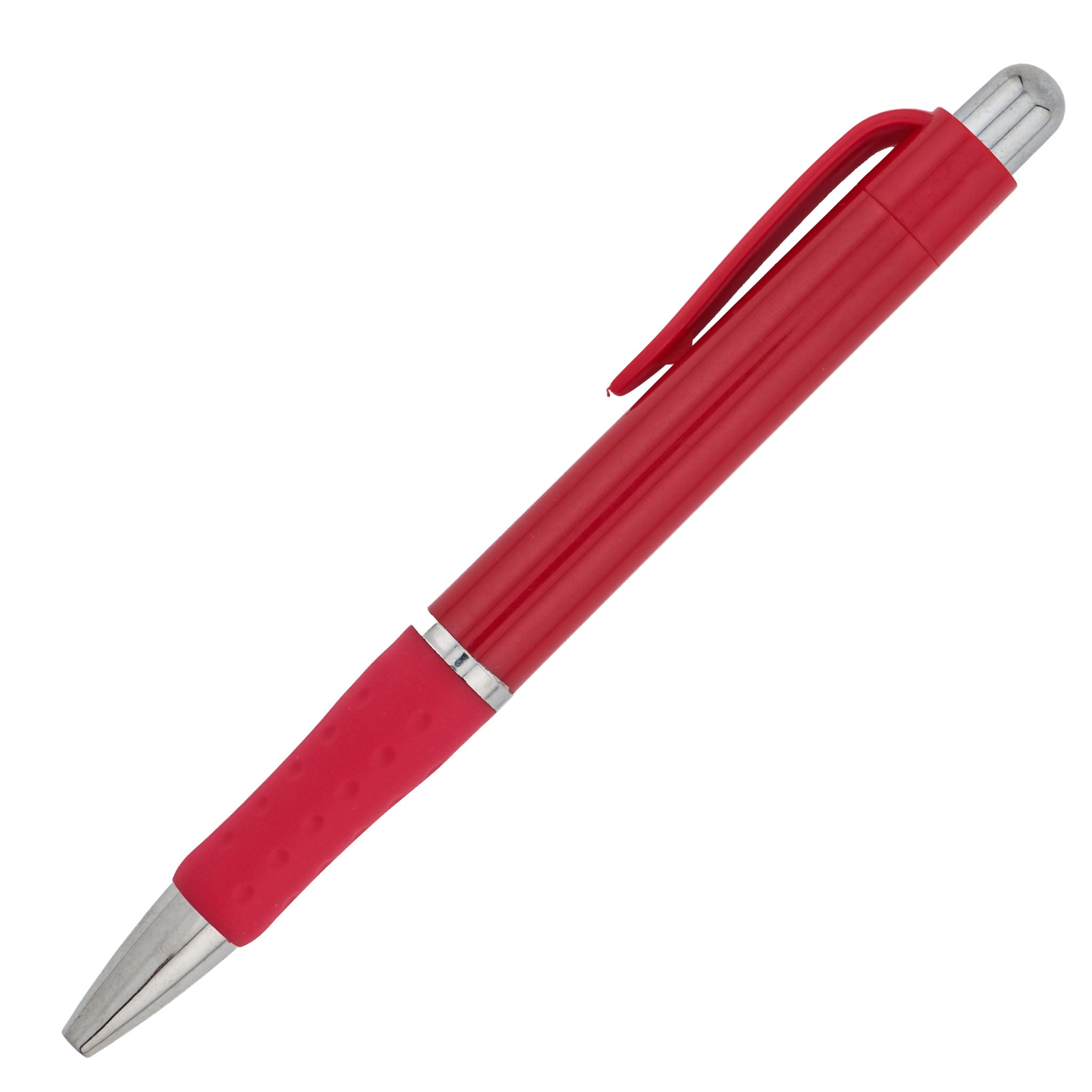 The Xpress Odyssey by PensXpress features a red body, silver tip and end, red clip, and textured grip—ideal for conference organizers wanting stylish custom imprint pens. Shown on a white background.