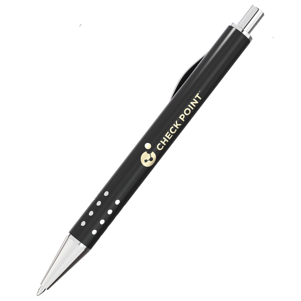 A sleek PensXpress Xpress Onyx black retractable ballpoint pen with silver accents, laser engraved in gold with "CHECK POINT" and a small logo on the barrel.