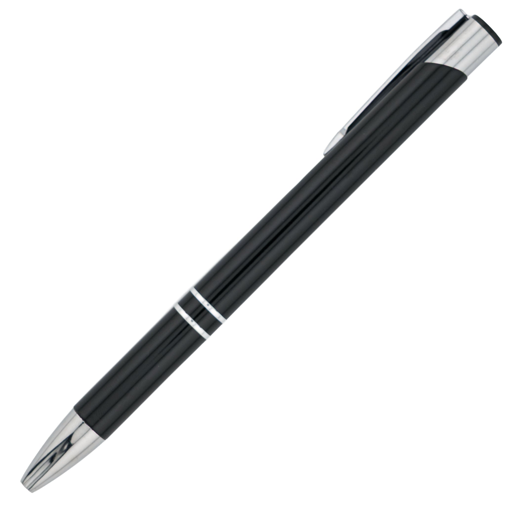 A sleek black PensXpress Paragon pen with silver accents and pocket clip, photographed against a white background—a stylish personalized business pen for professionals.