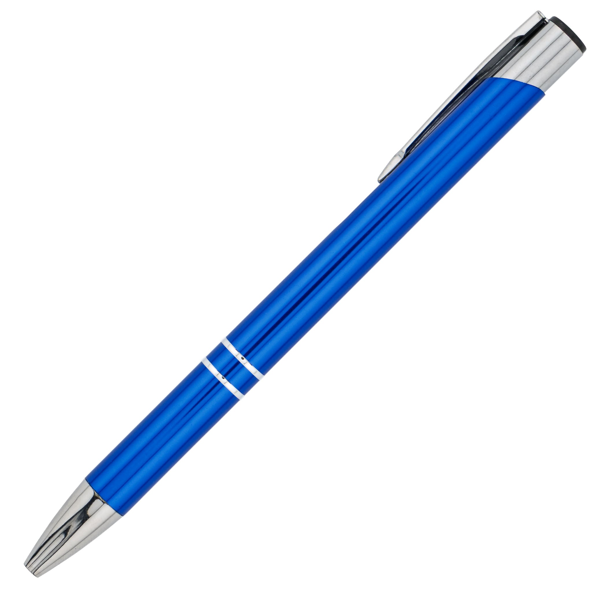 A blue PensXpress Paragon pen with silver accents, laser engraved, featuring a silver tip, two center bands, and a pocket clip. The pen is displayed diagonally on a white background.