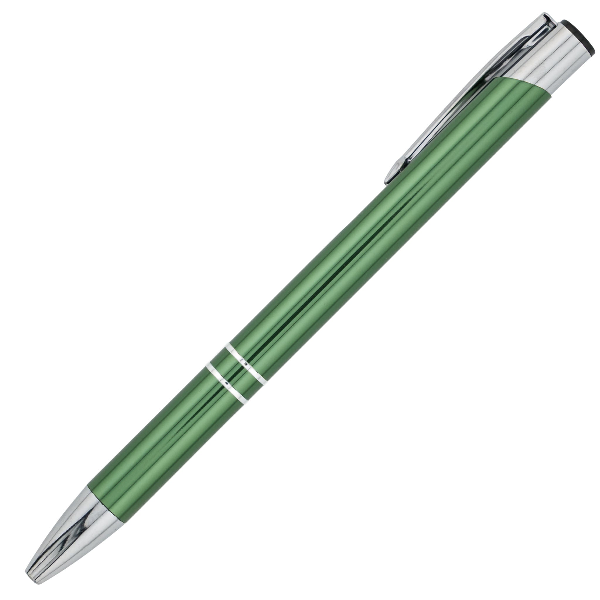 The PensXpress Paragon is a green ballpoint pen with silver accents and a clip, perfect as a personalized business pen, shown on a white background.