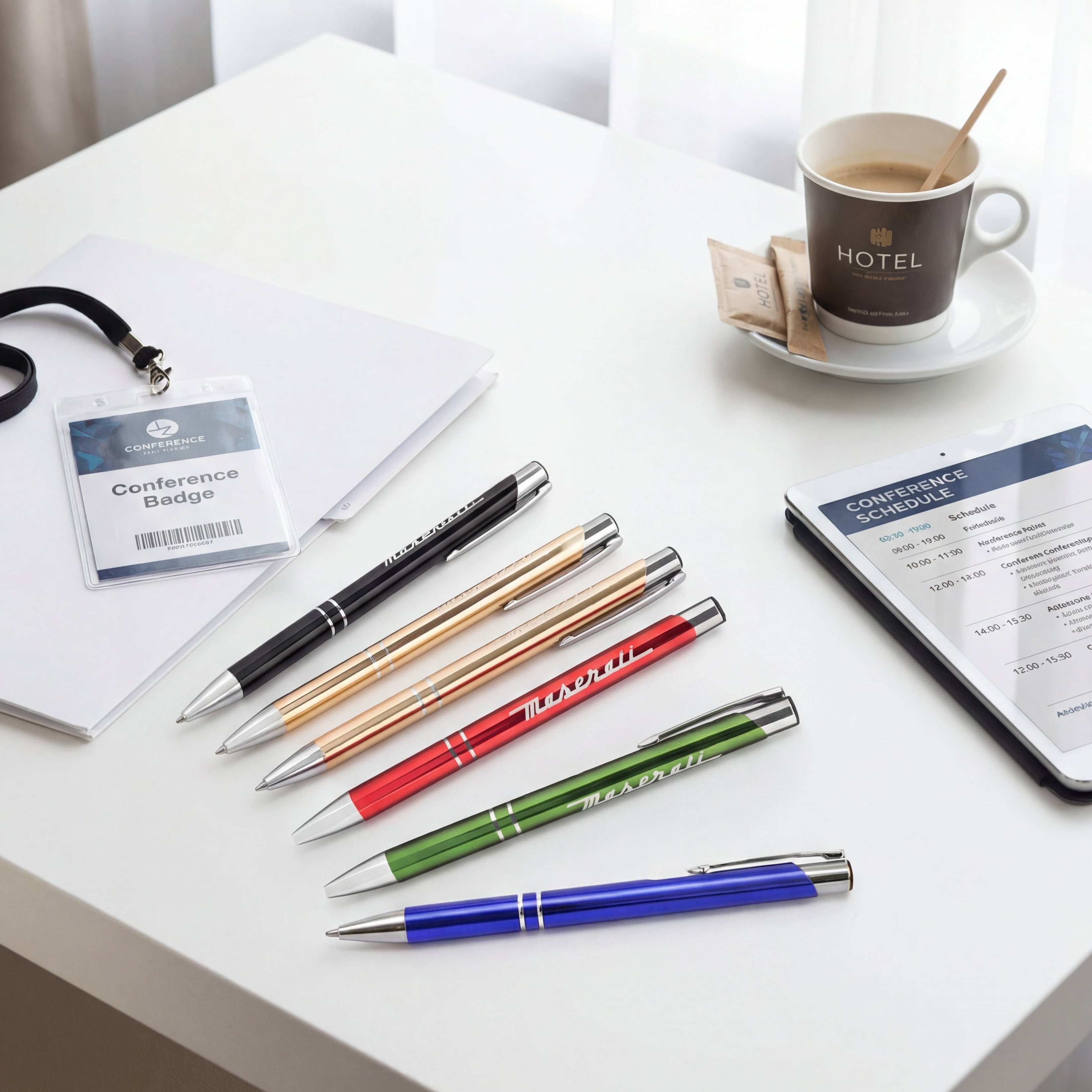Colorful pens on a desk with a coffee cup and documents