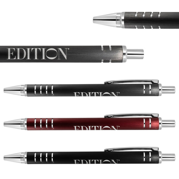 Four Xpress Reflect retractable pens by PensXpress in black and burgundy with silver accents and "EDITION" on the barrel. Ideal as engraved pens or corporate gifts, they are displayed side by side to highlight their sleek design.