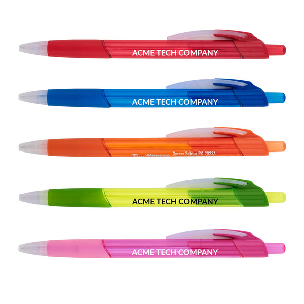 Five Xpress Scirius retractable ballpoint pens by PensXpress—in red, blue, orange, green, and pink—each with a translucent grip. The barrel displays your custom logo. Pens are shown horizontally against a white background.