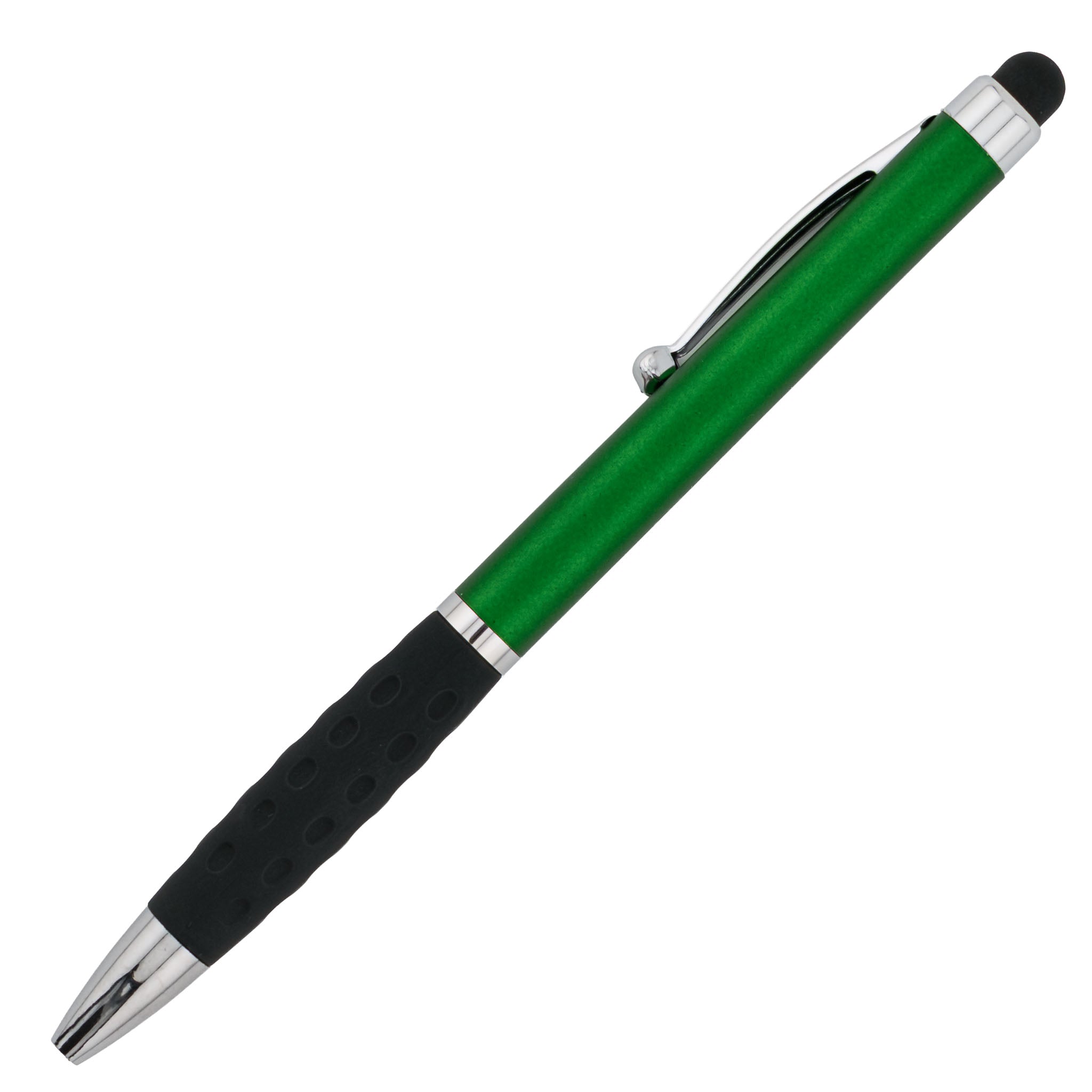 The Xpress Slim Stylus by PensXpress is a green writing pen with a black rubber grip, silver tip, and clip, shown diagonally on a white background. Ideal for promotional or custom imprinted use.
