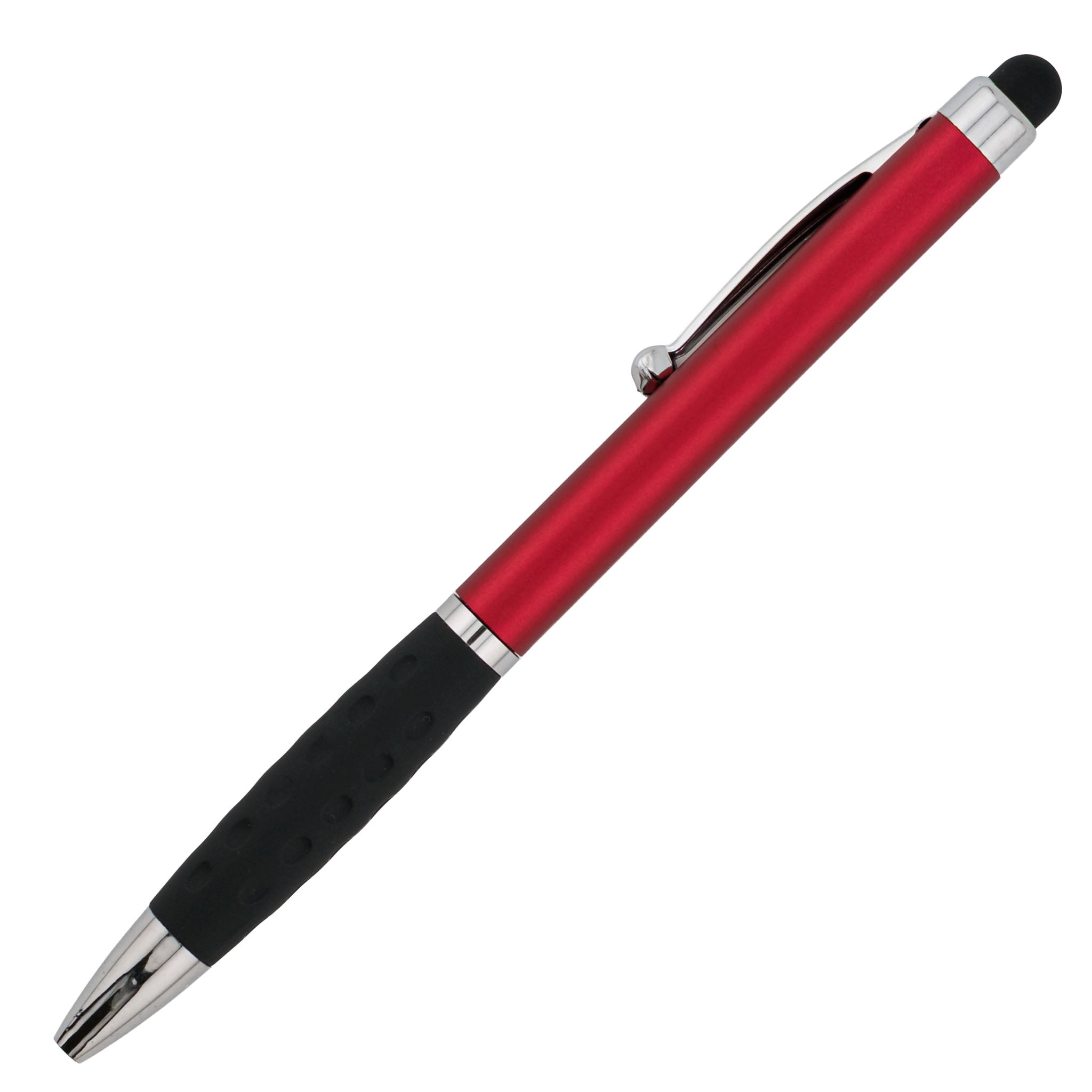 The PensXpress Xpress Slim Stylus is a red and black pen with a silver clip and tip, black rubber grip, and stylus top, shown on a white background—ideal for promotional use.