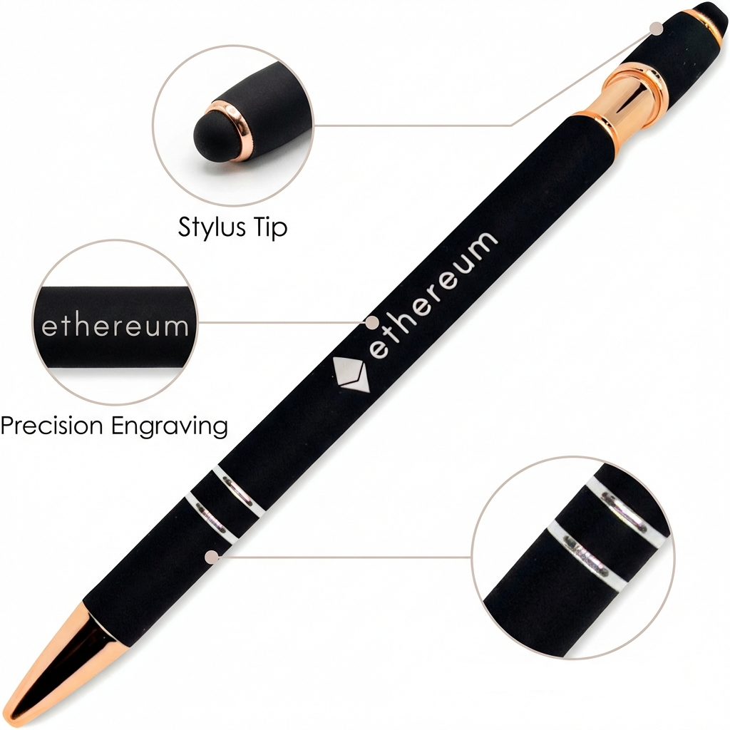 The Xpress Soft Touch Stylus by PensXpress features rose gold trim, a black finish with the Ethereum logo and text, a stylus tip, precision engraving, and a comfortable grip—perfect as a promotional product.