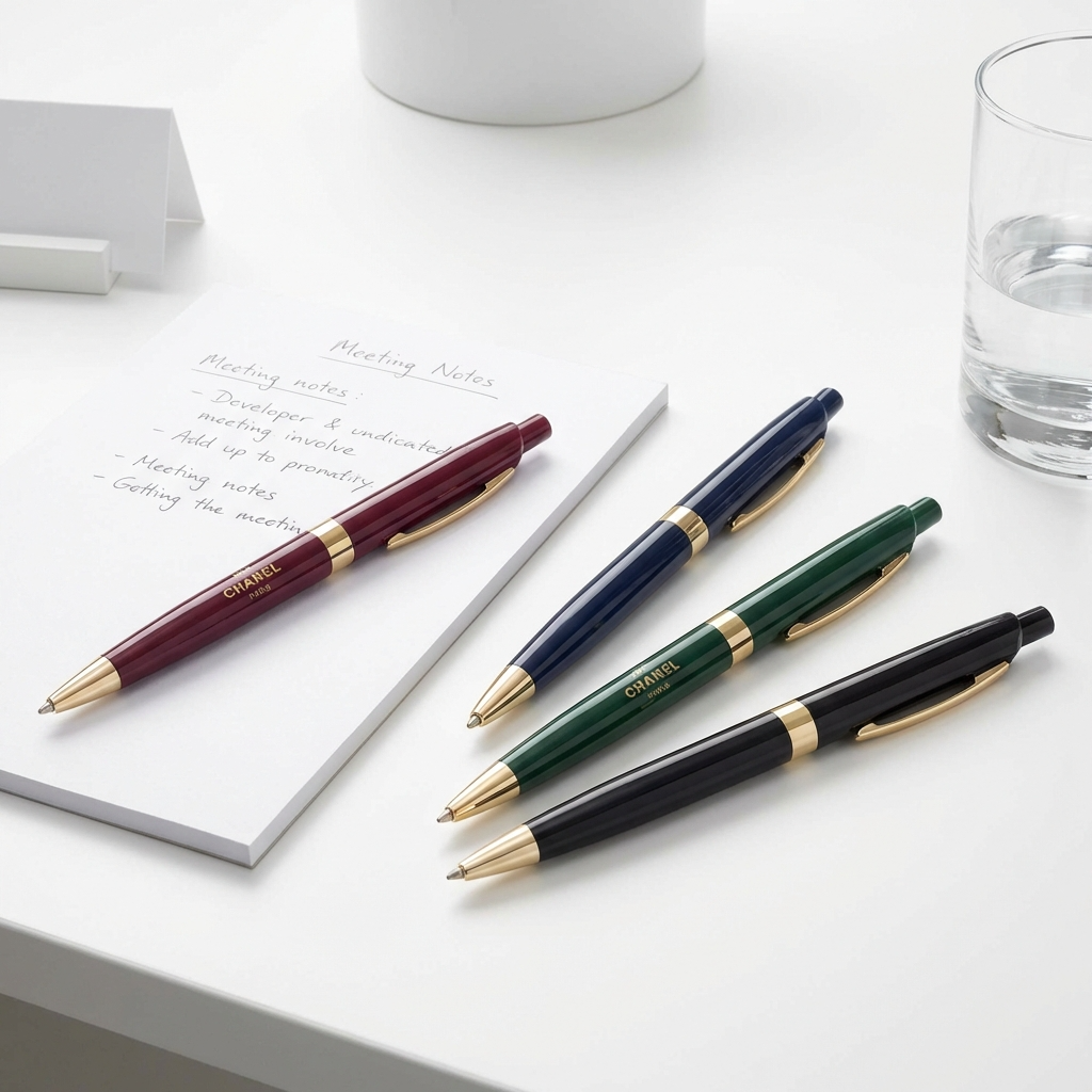 Four pens in different colors on a desk with a notepad and glass.