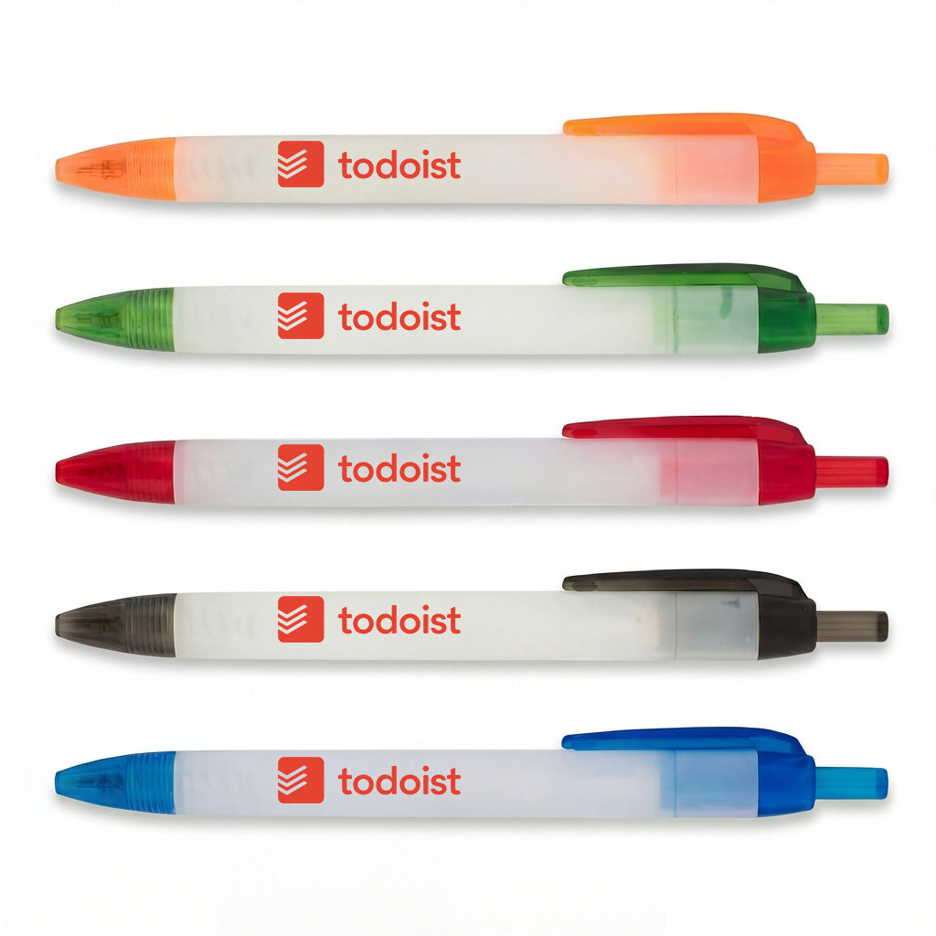 Five Xpress Streamer pens by PensXpress with translucent barrels, each displaying the red Todoist logo. The pens have colored tips and clips—orange, green, red, black, and blue—arranged side by side.