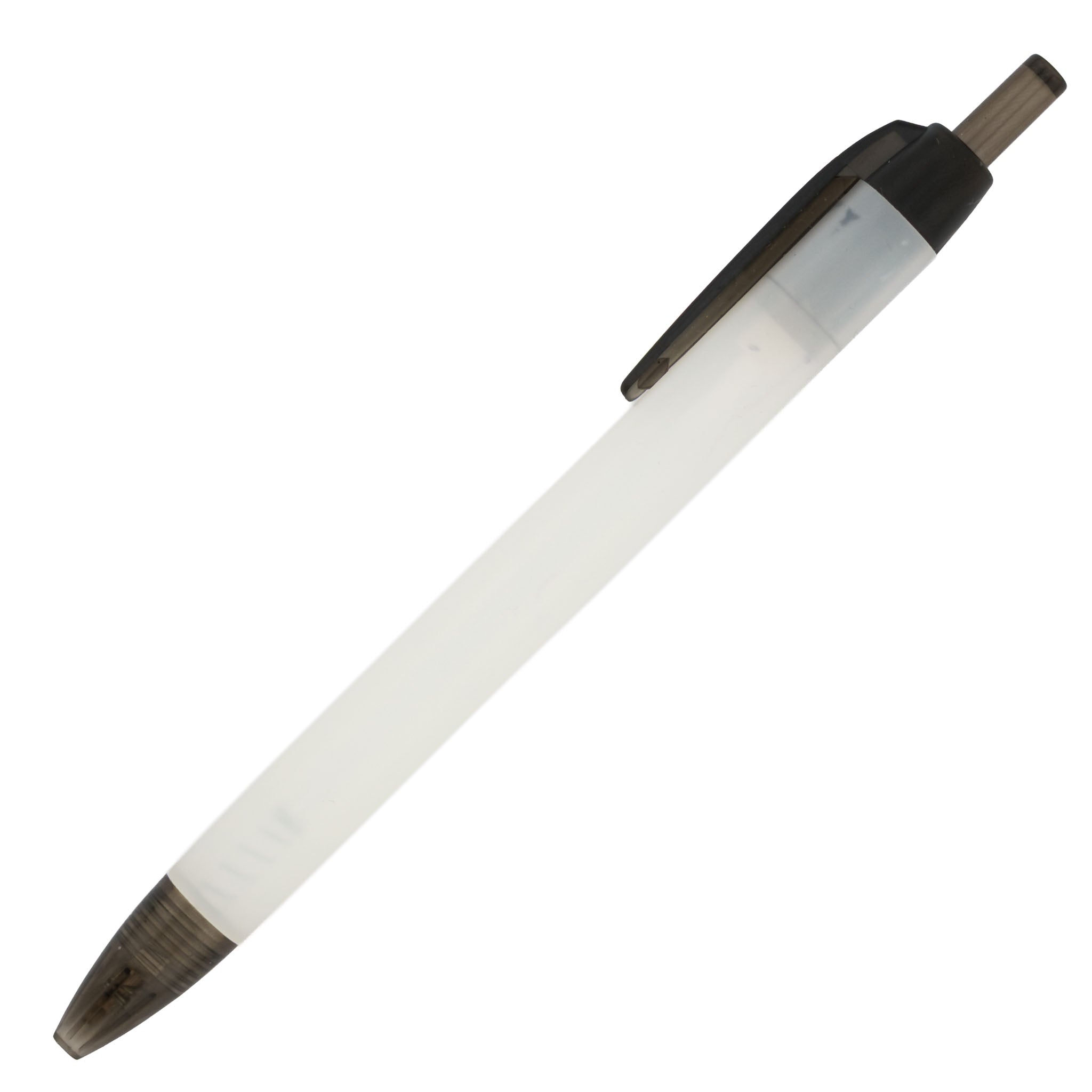 The Xpress Streamer by PensXpress: a white retractable ballpoint pen with a translucent barrel, black clip, and black tip—ideal for custom branding—seen at a slight diagonal angle on a white background.