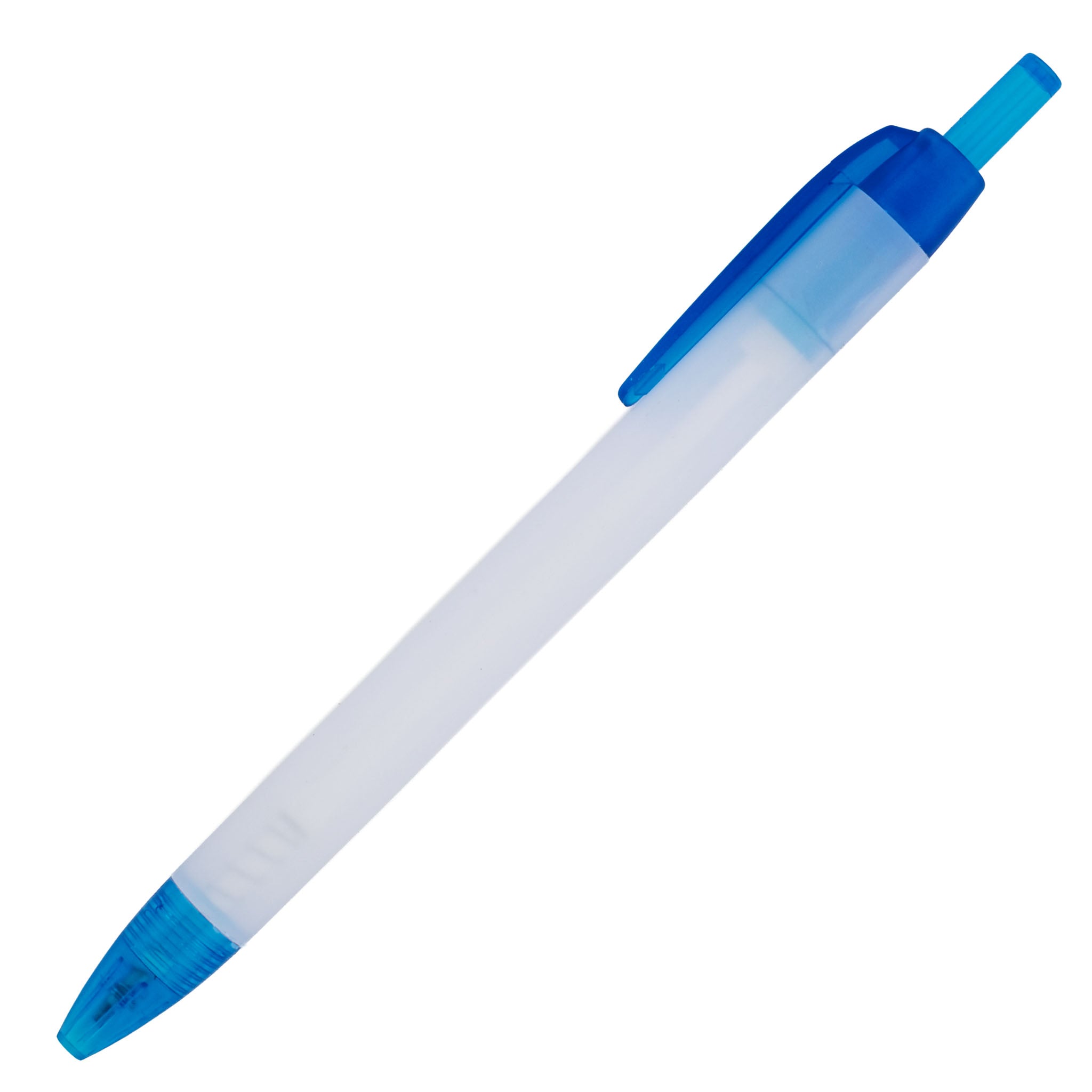 The Xpress Streamer by PensXpress is a blue and white retractable ballpoint pen with a translucent blue clip, clicker, and tip—perfect for promos or adding your logo. Shown on a white background.