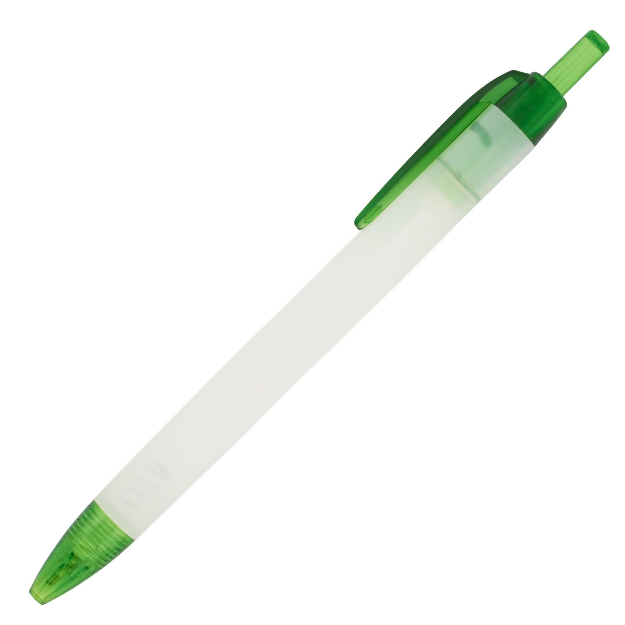 The Xpress Streamer by PensXpress is a retractable ballpoint pen with a translucent white body and green accents—perfect as a custom promotional pen for your brand, displayed on a white background.