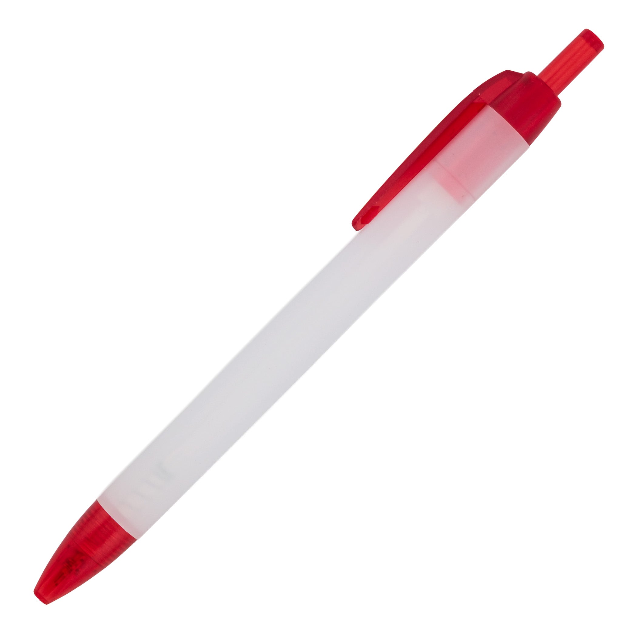 The Xpress Streamer by PensXpress is a red and white retractable ballpoint pen with a translucent barrel, red clicker, clip, and tip—ideal as a promotional or custom pen—shown on a white background.