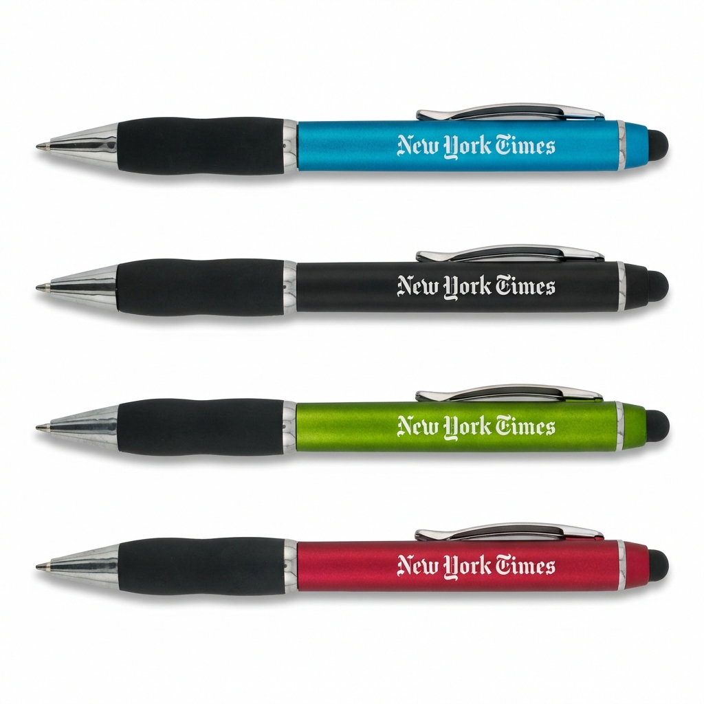 Four New York Times branded pens in different colors on a white background