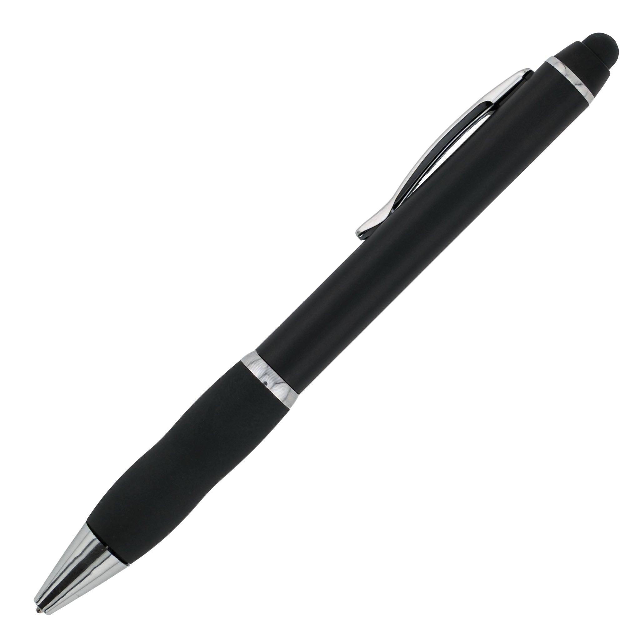 A black PensXpress Xpress Stylus Gripper ballpoint pen with a silver clip and tip, rubber grip, and stylus tip is shown diagonally on a white background.